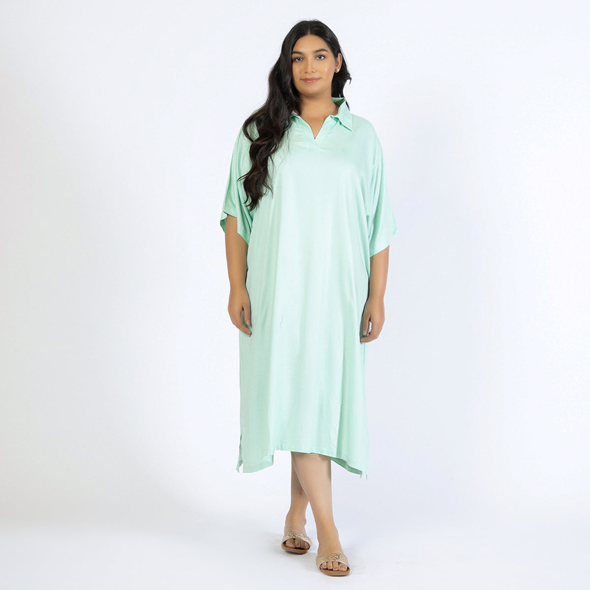 Light Green Plus Size Rayon Collared Kaftan Product Image 1