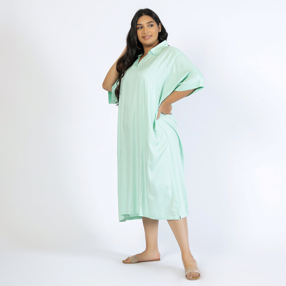 Light Green Plus Size Rayon Collared Kaftan Product Image 2