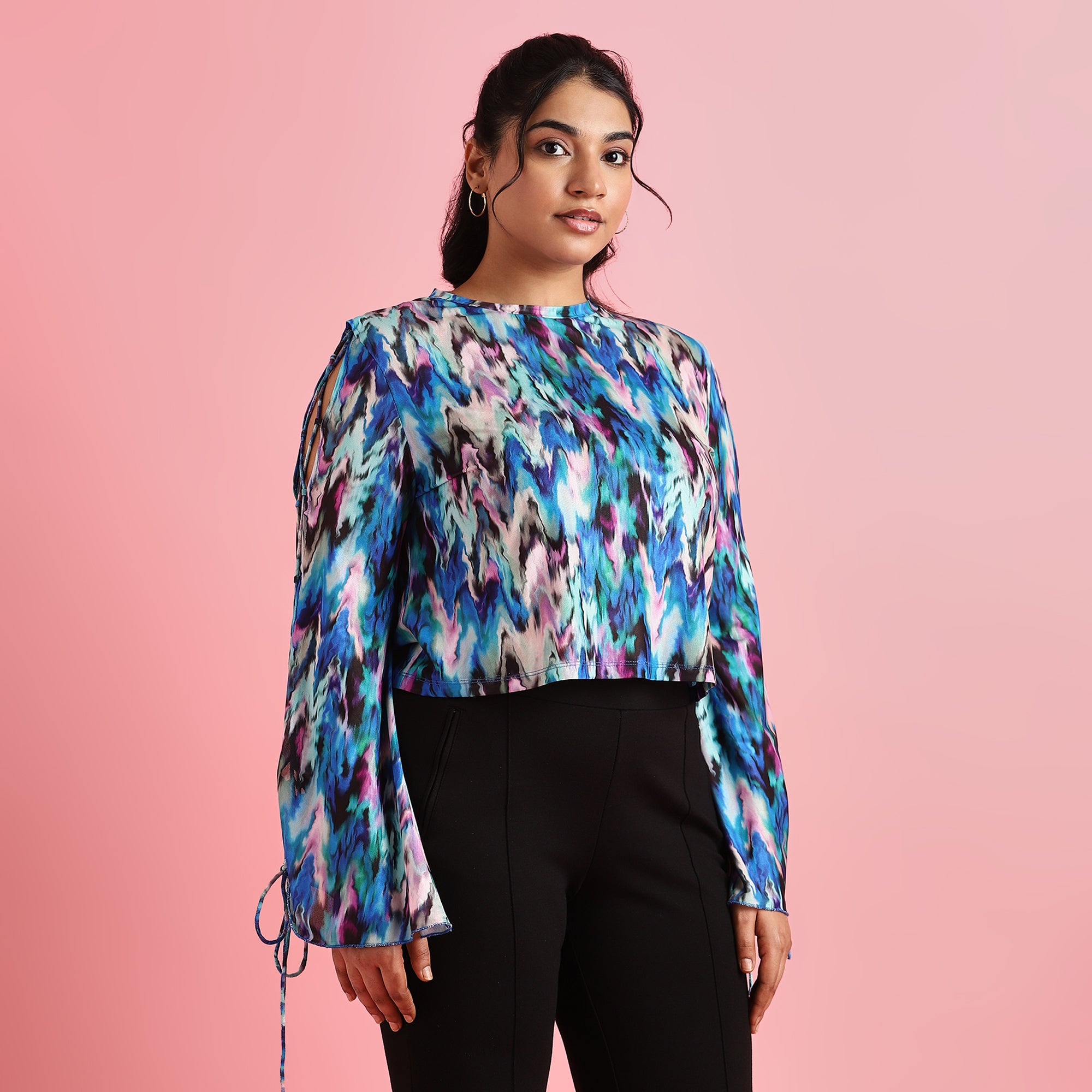 Blue Printed Plus Size Crisscross Sleeves Mesh Top