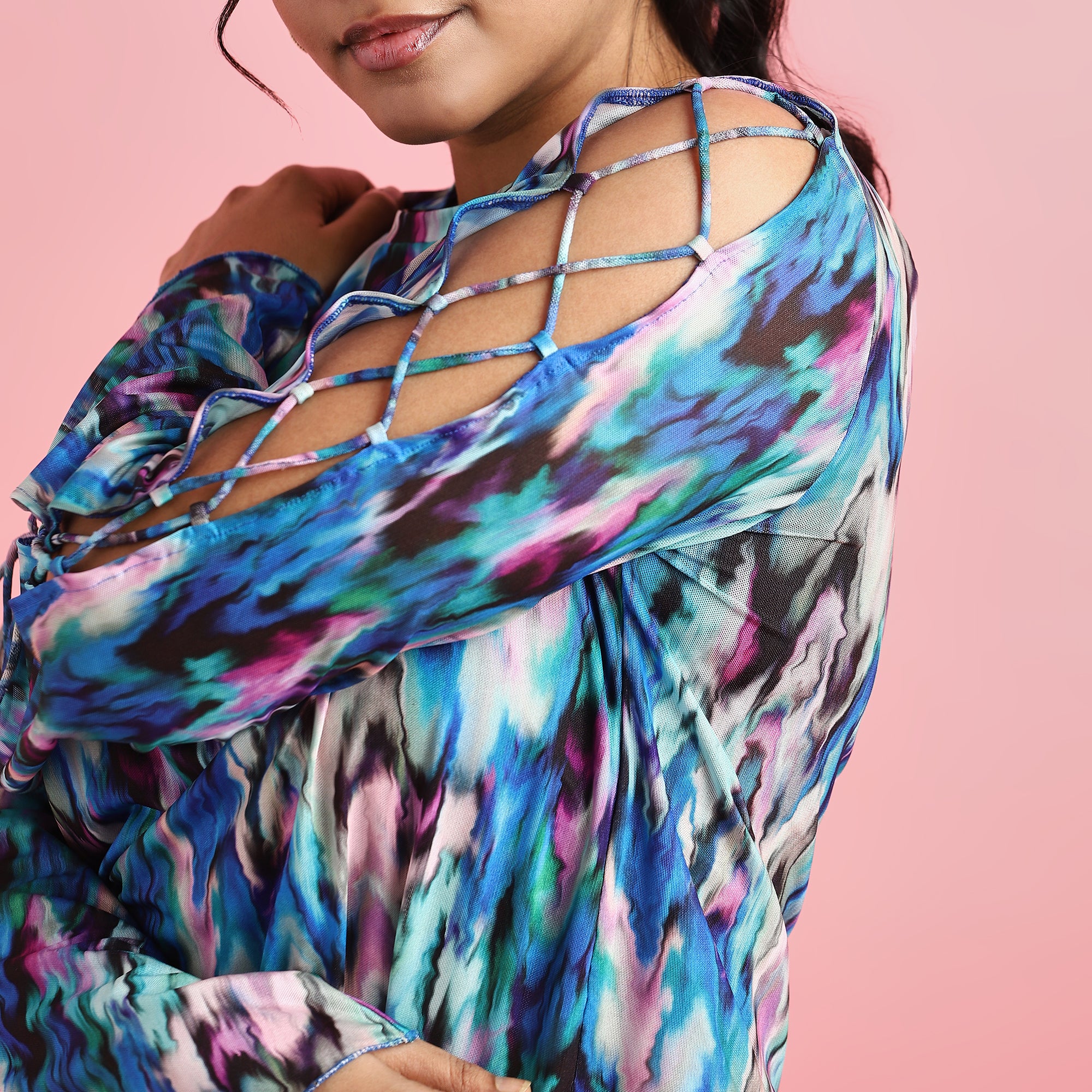 Blue Printed Plus Size Crisscross Sleeves Mesh Top