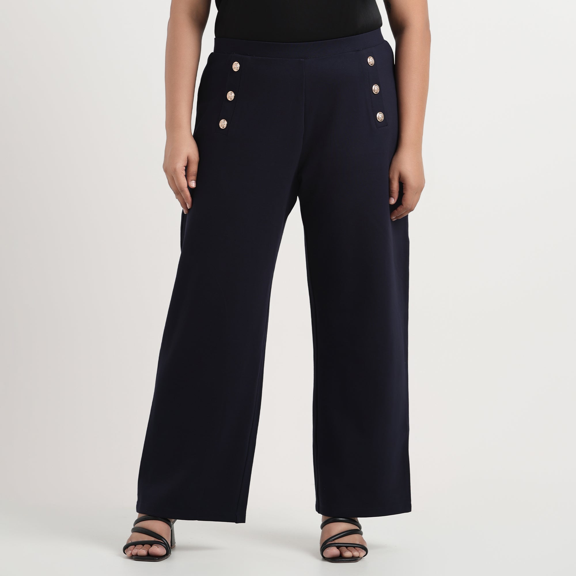 Plus-size navy blue pants with stylish flared design
