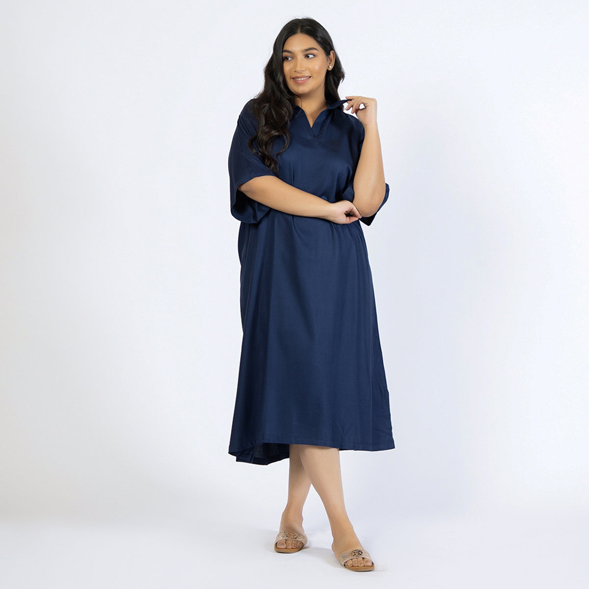 Navy Blue Plus Size Rayon Collared Kaftan Product Image 1