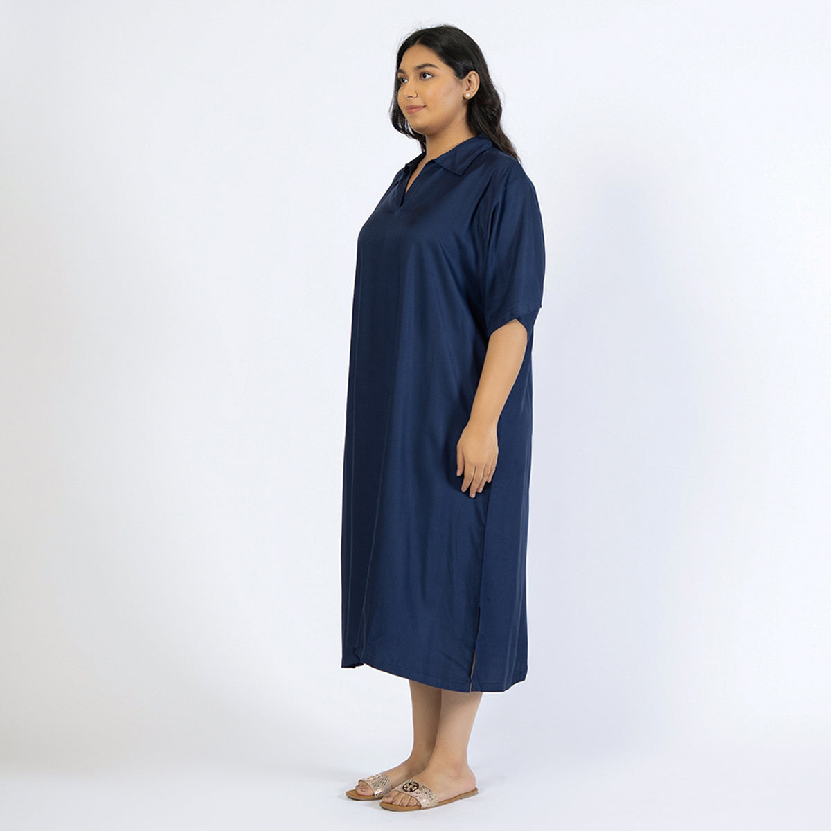 Navy Blue Plus Size Rayon Collared Kaftan Product Image 2