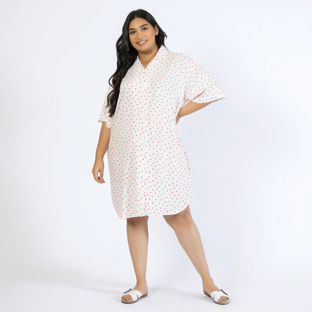 Off-White Heart Print Plus Size Rayon Shirt Dress Product Image 1