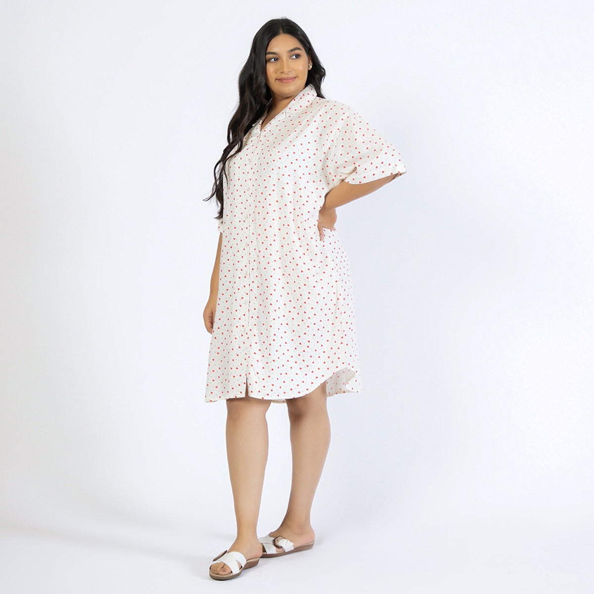 Off-White Heart Print Plus Size Rayon Shirt Dress Product Image 2