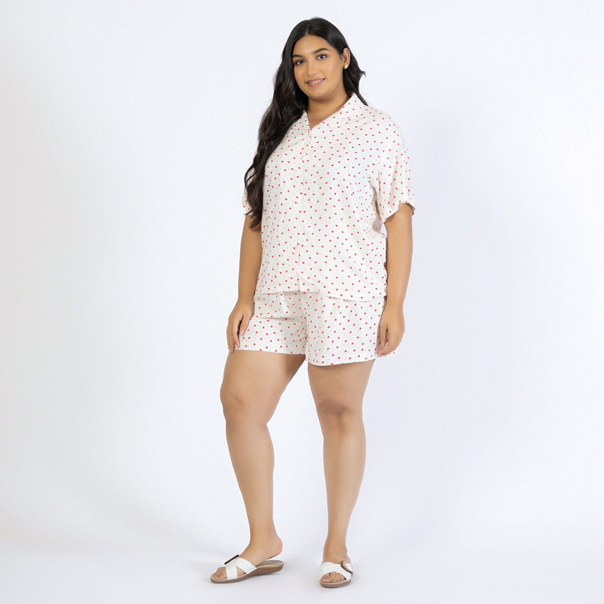 Off-White Heart Print Plus Size Rayon Short Set Product Image 1