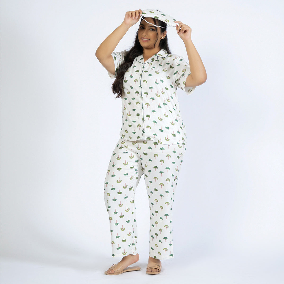  Off-White Palm Print Plus Size Rayon PJ Set Product Image 1