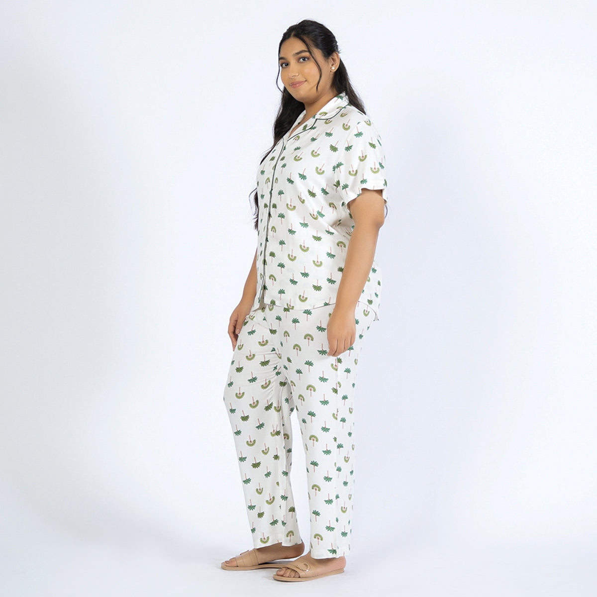  Off-White Palm Print Plus Size Rayon PJ Set Product Image 2