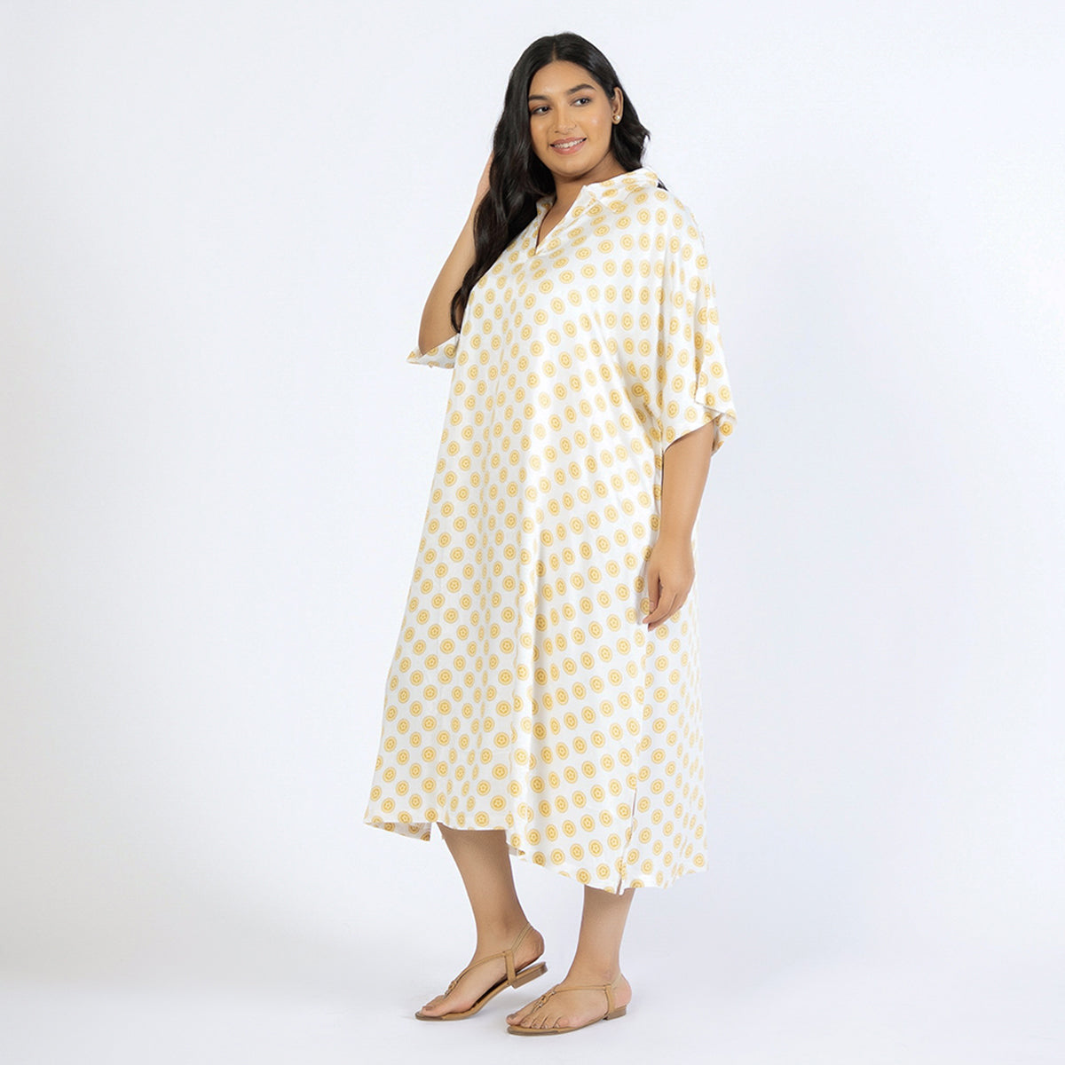 Off-White Printed Plus Size Rayon Collared Kaftan Product Image 1