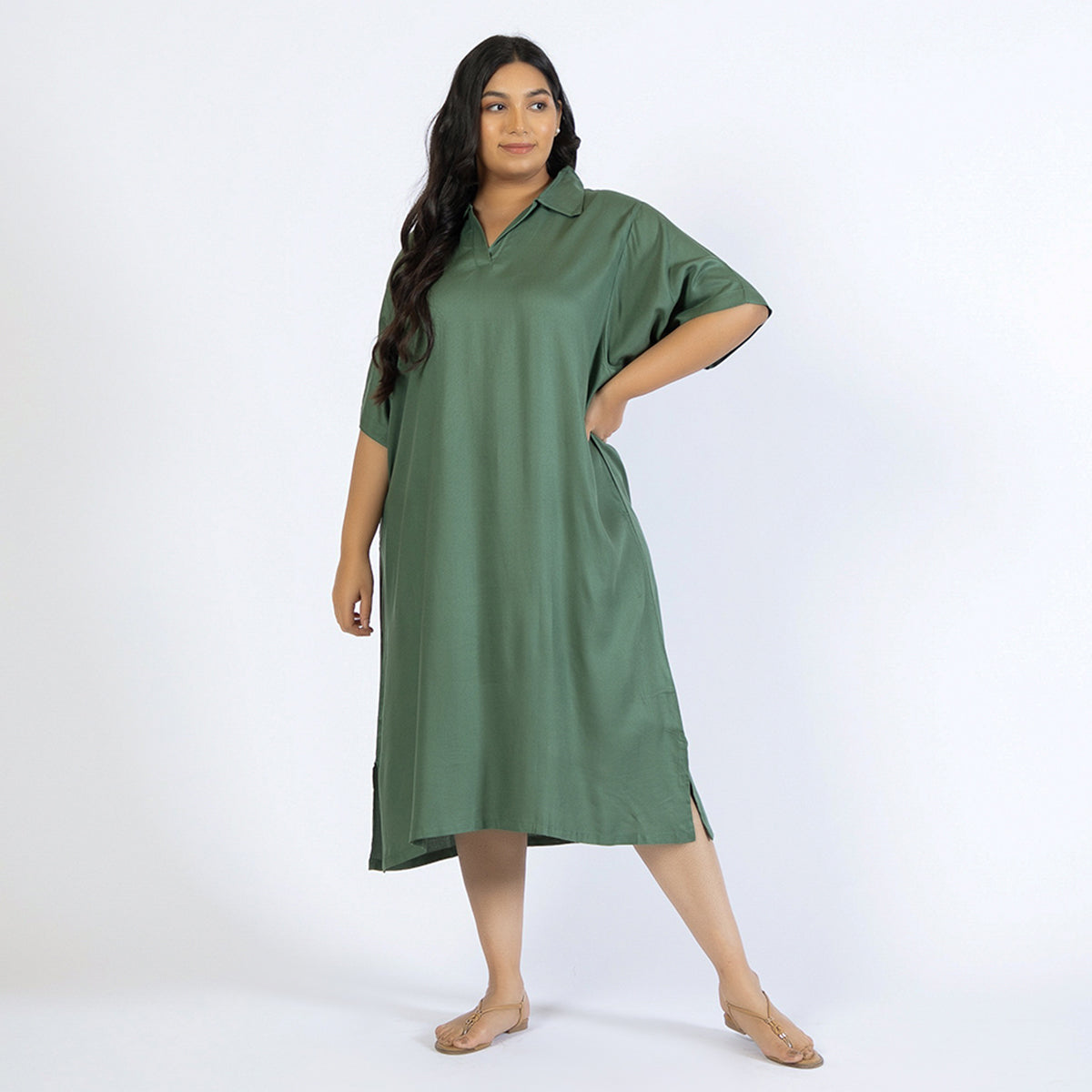 Olive Green Plus Size Rayon Collared Kaftan product image 1