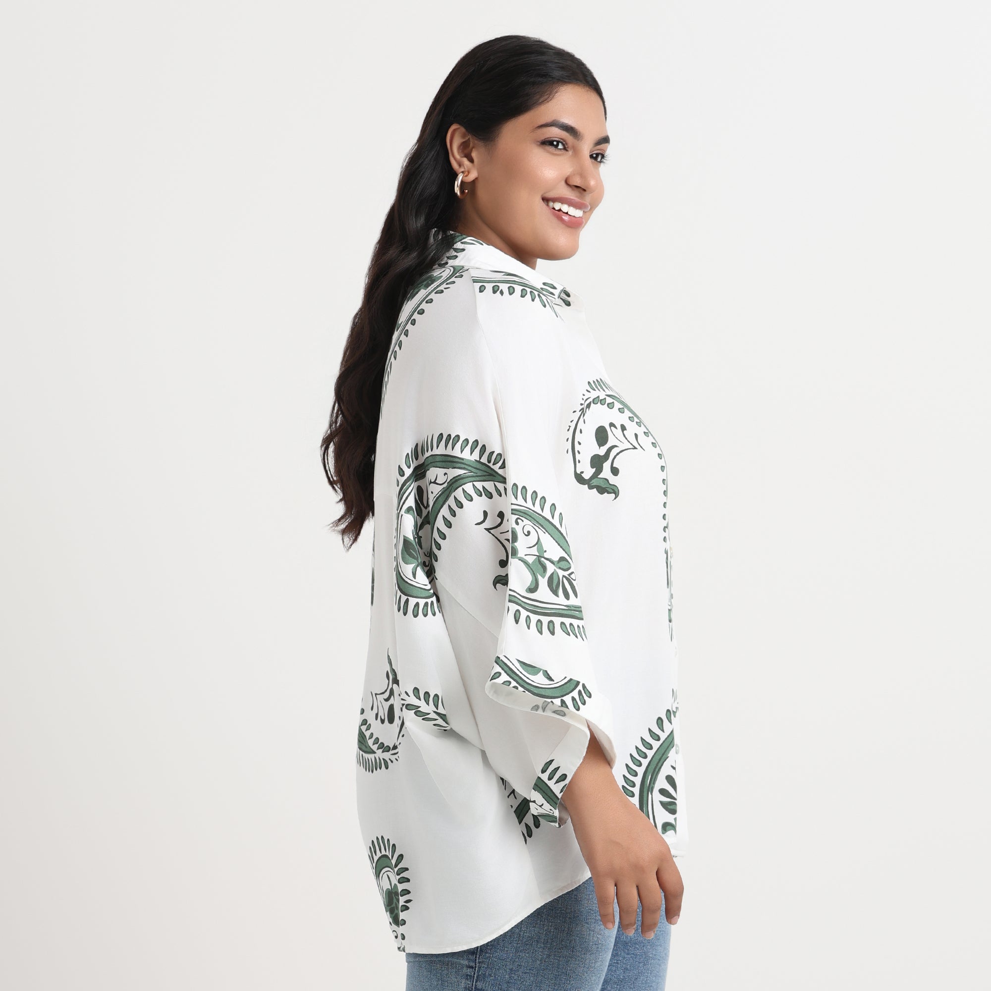 Paisley print shirt with long sleeves, perfect for plus-size styling
