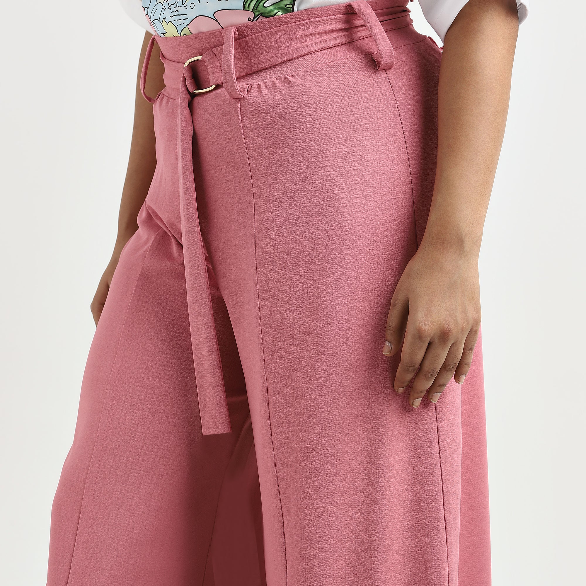 Pink Plus Size Knit Wide-Leg Pants with Belt