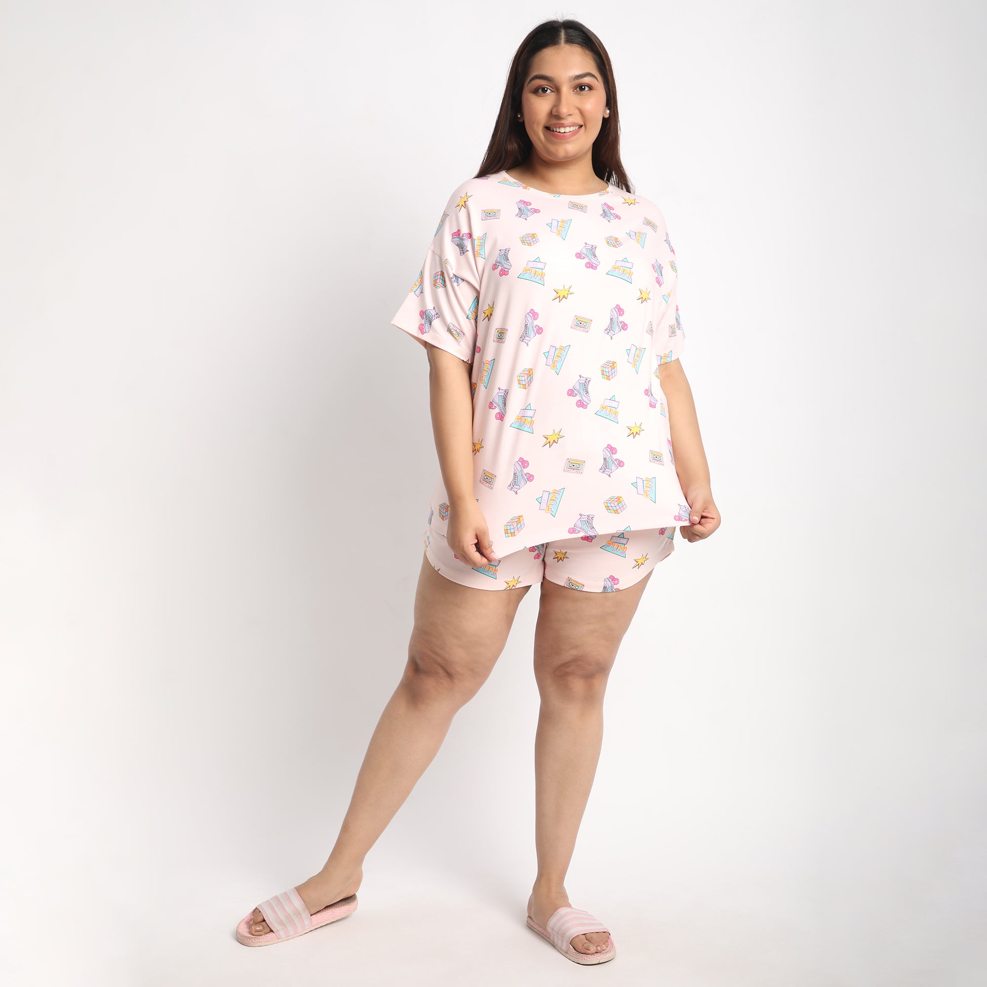 Peach Cotton Printed Jersey Short Set Product Image 1