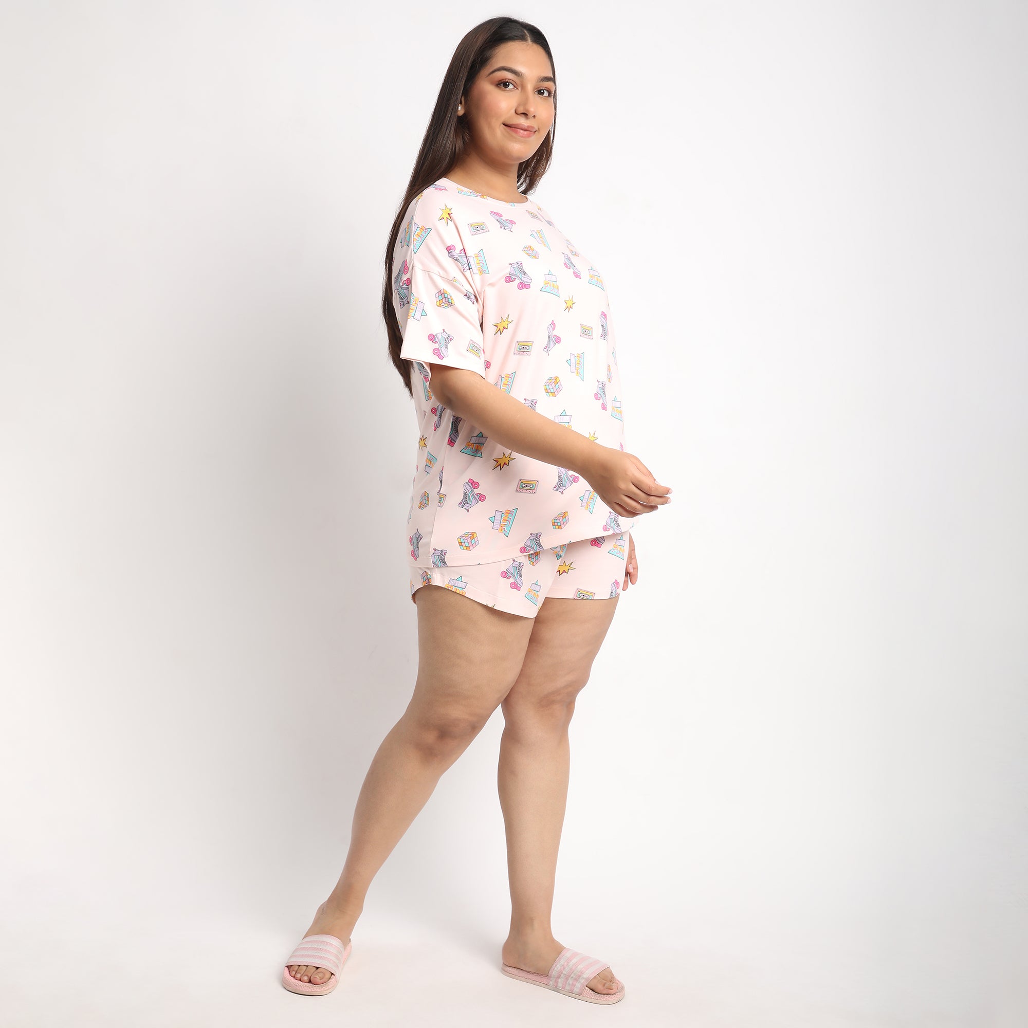 Peach Cotton Printed Jersey Short Set Product Image 2