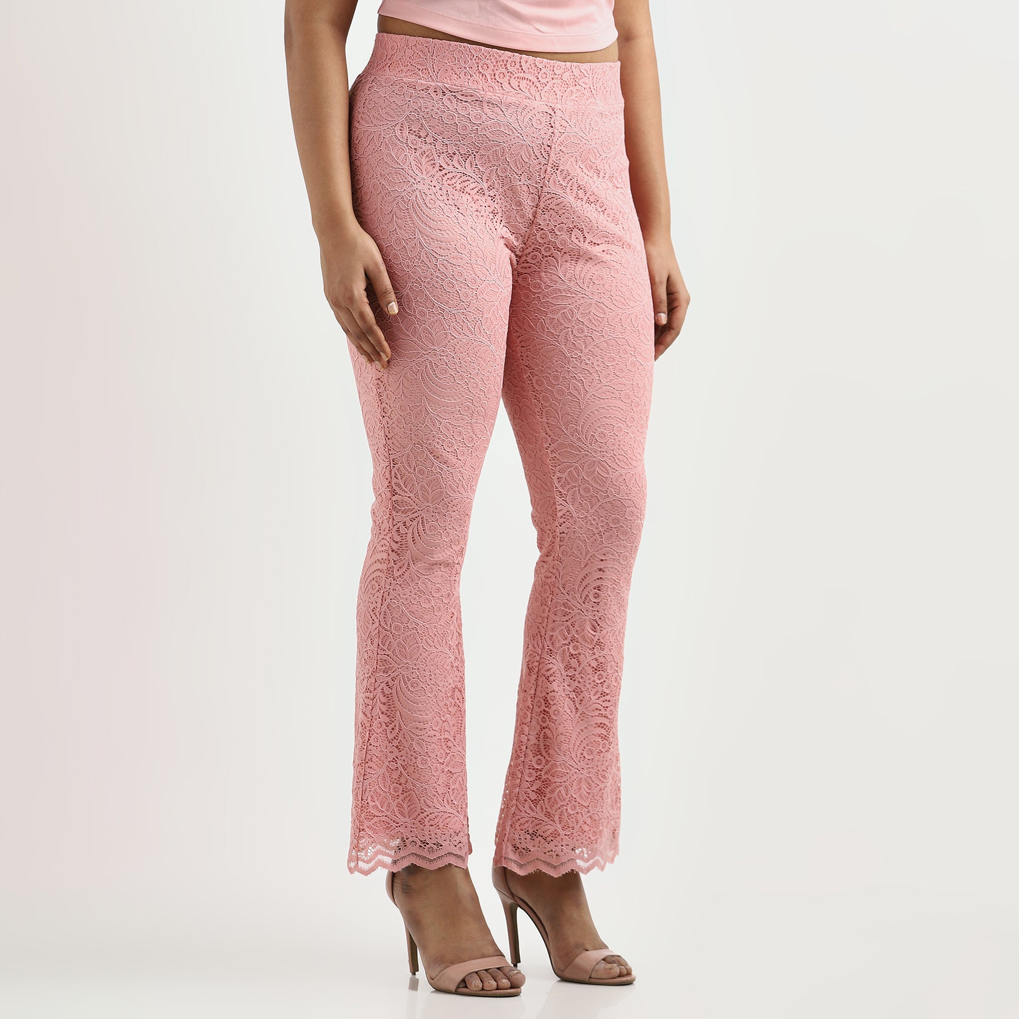 Peach Fit-and-Flare Plus Size Lace Pants