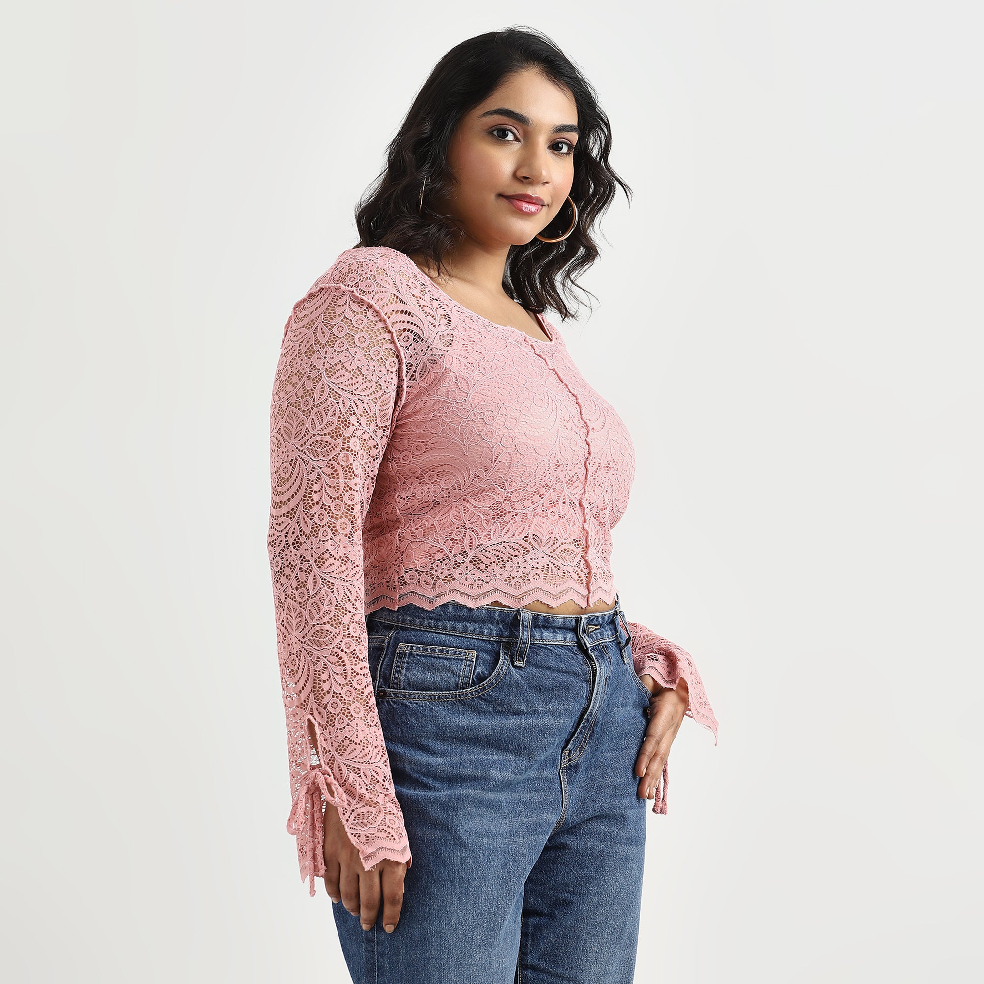 Peach Full-Sleeve Tie-Up Plus Size Lace Crop Top