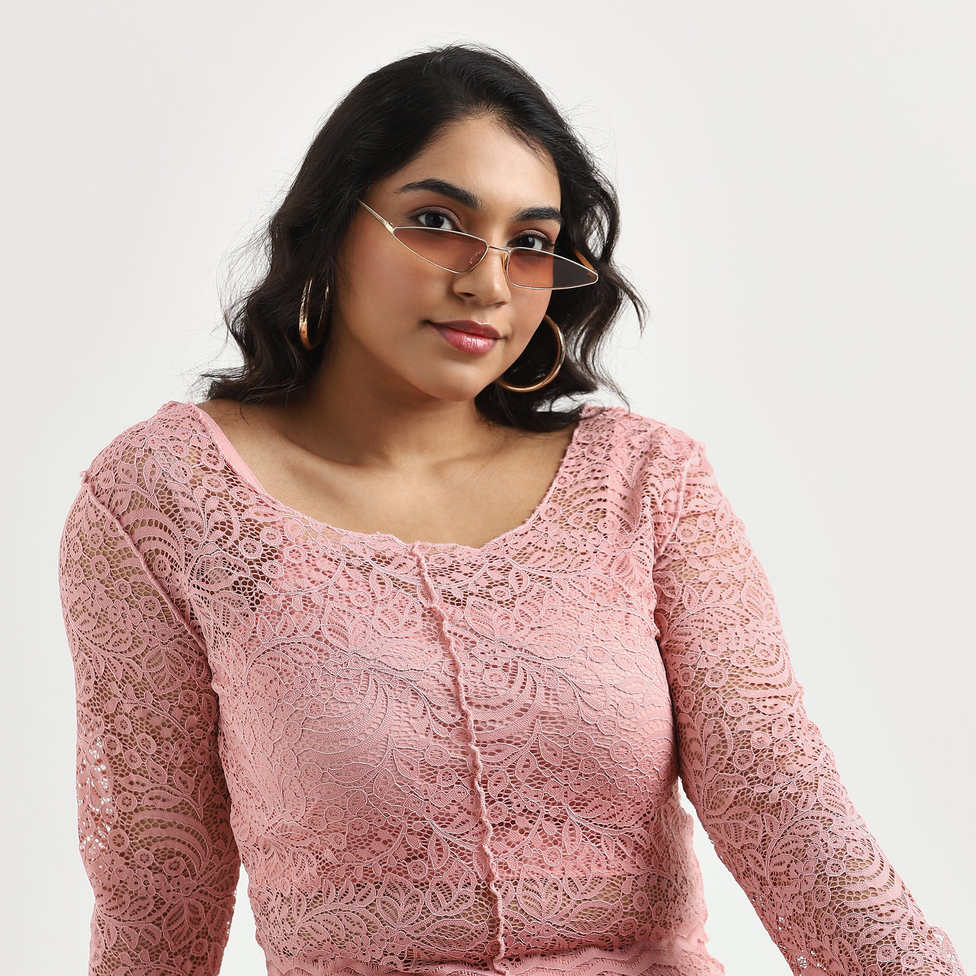 Peach Full-Sleeve Tie-Up Plus Size Lace Crop Top