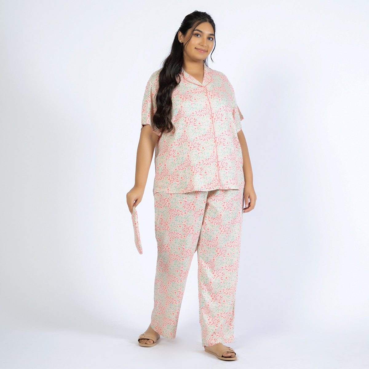 Peach Floral Plus Size Rayon PJ Set Product Image 1