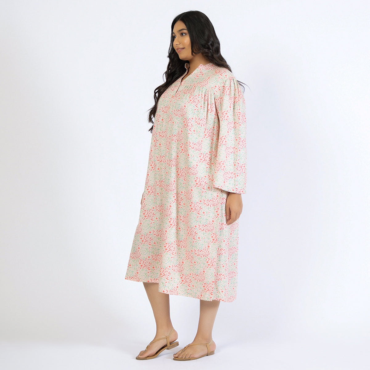 Peach Floral Print Plus Size Rayon Night Dress Product Image 1