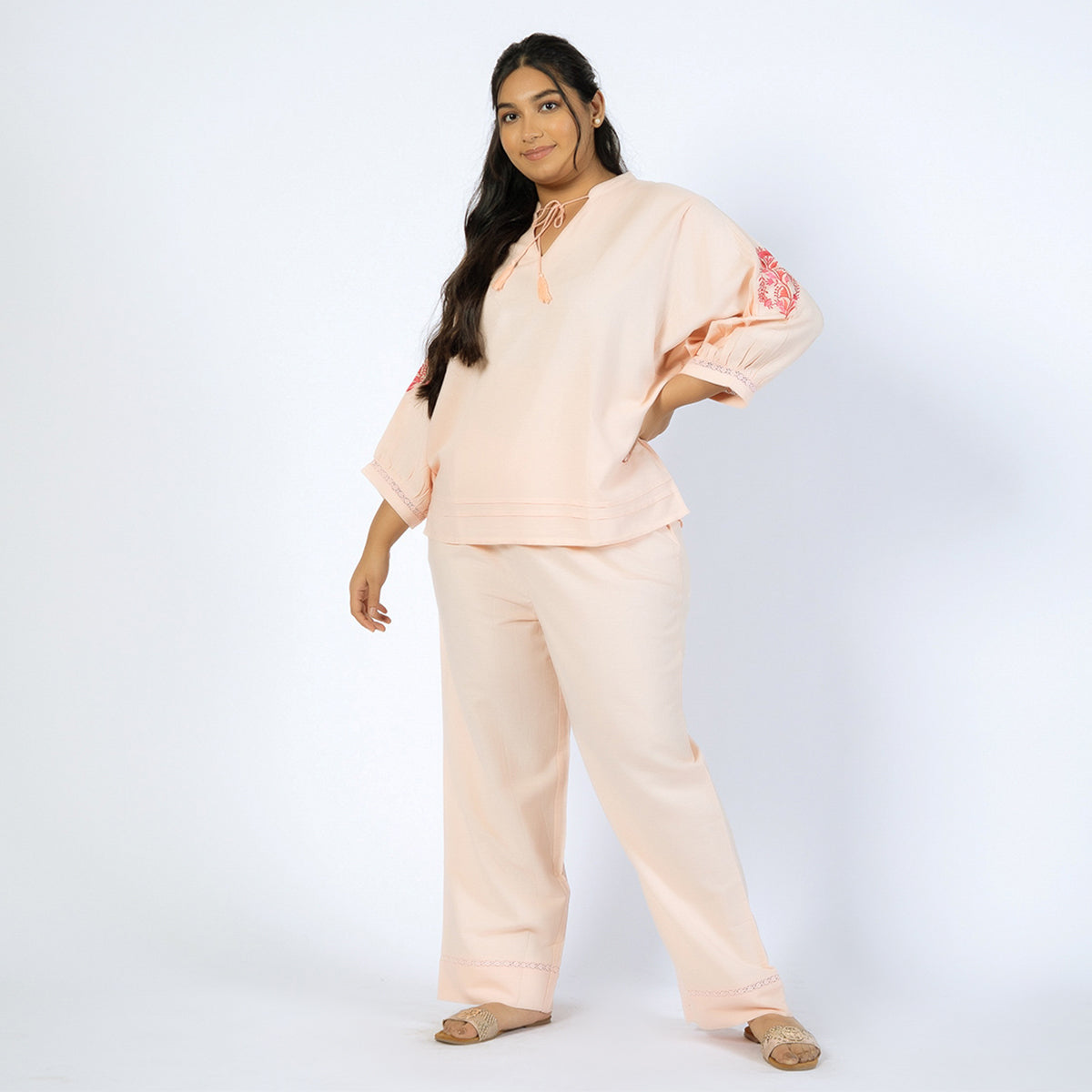 Peach Linen Blend Embroidered Plus Size PJ Set Product Image 1