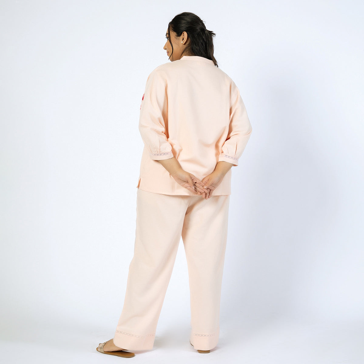 Peach Linen Blend Embroidered Plus Size PJ Set Product Image 2