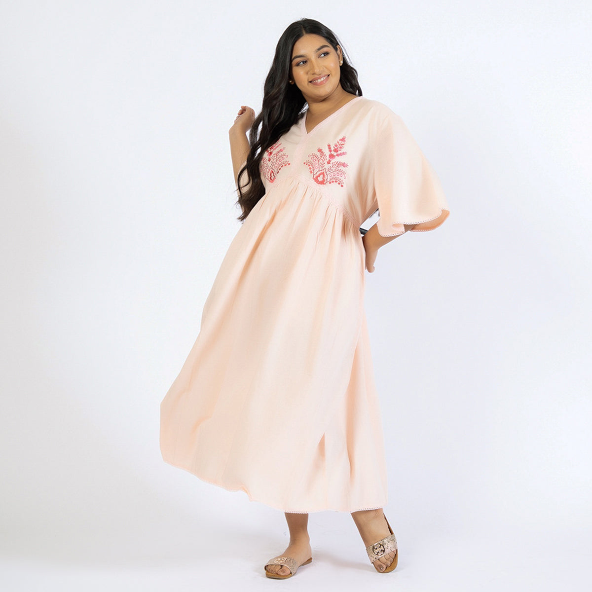 Peach Linen Blend Plus Size Embroidered Night Dress Product Image 1