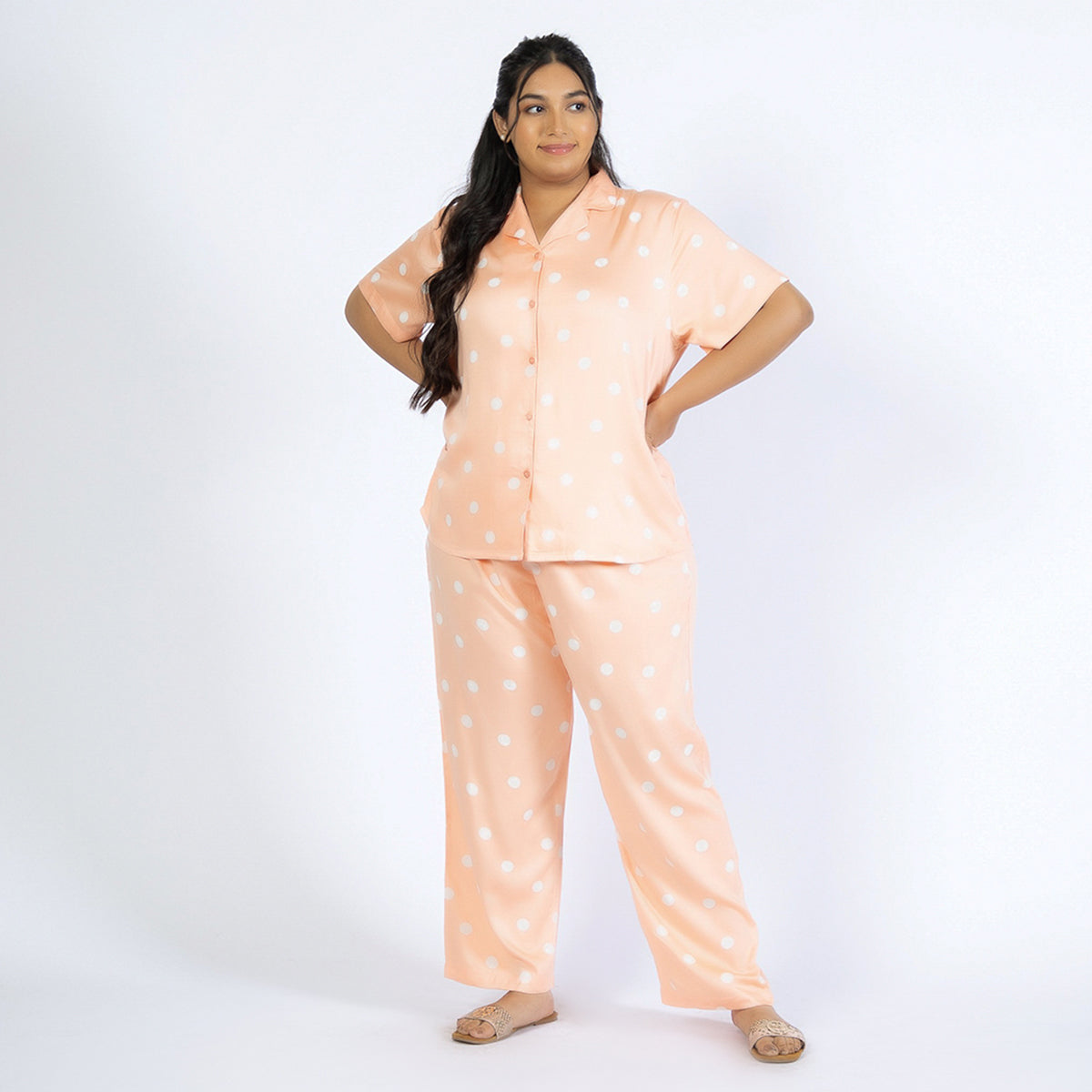 Peach Polka Print Plus Size Viscose PJ Set Product Image 1