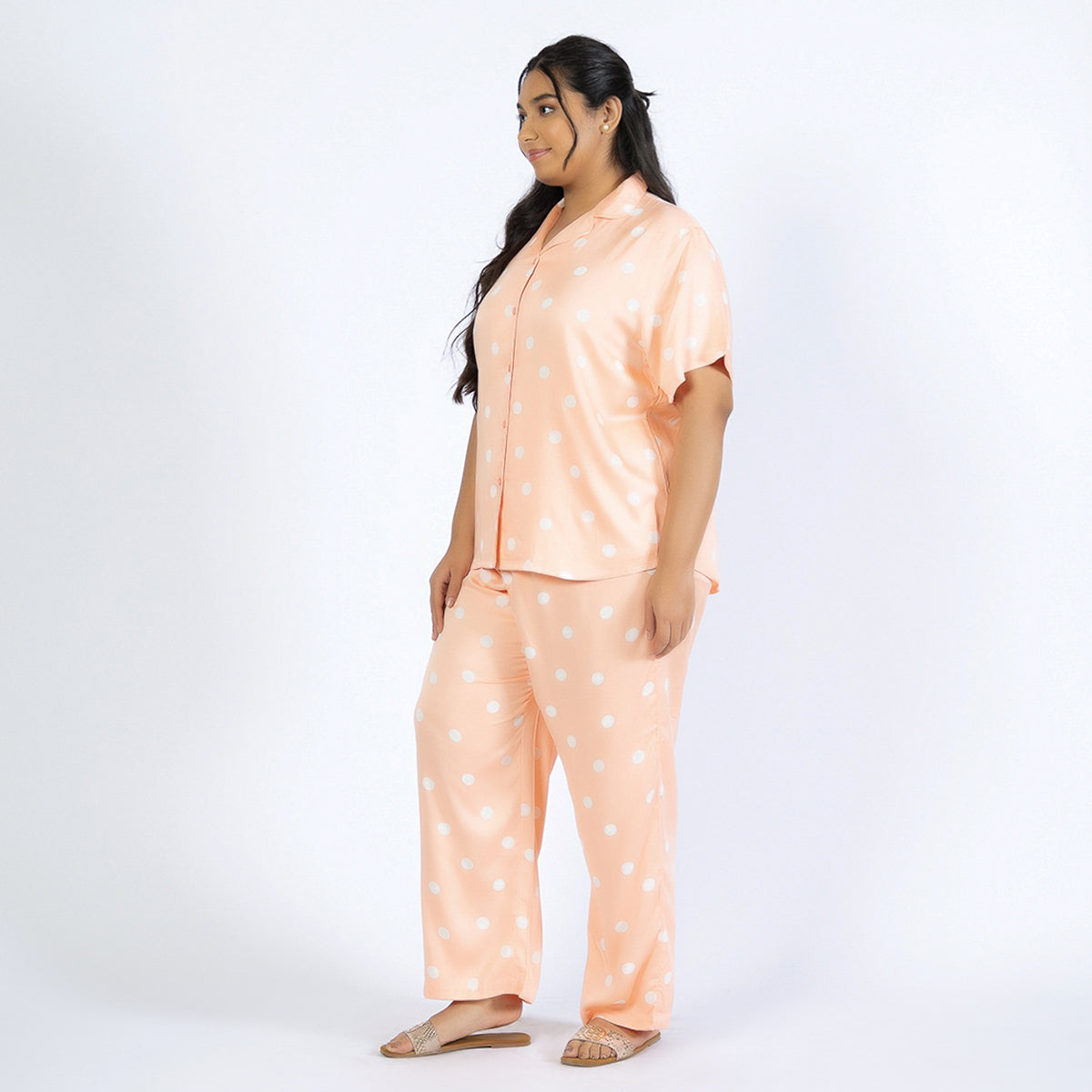 Peach Polka Print Plus Size Viscose PJ Set Product Image 3