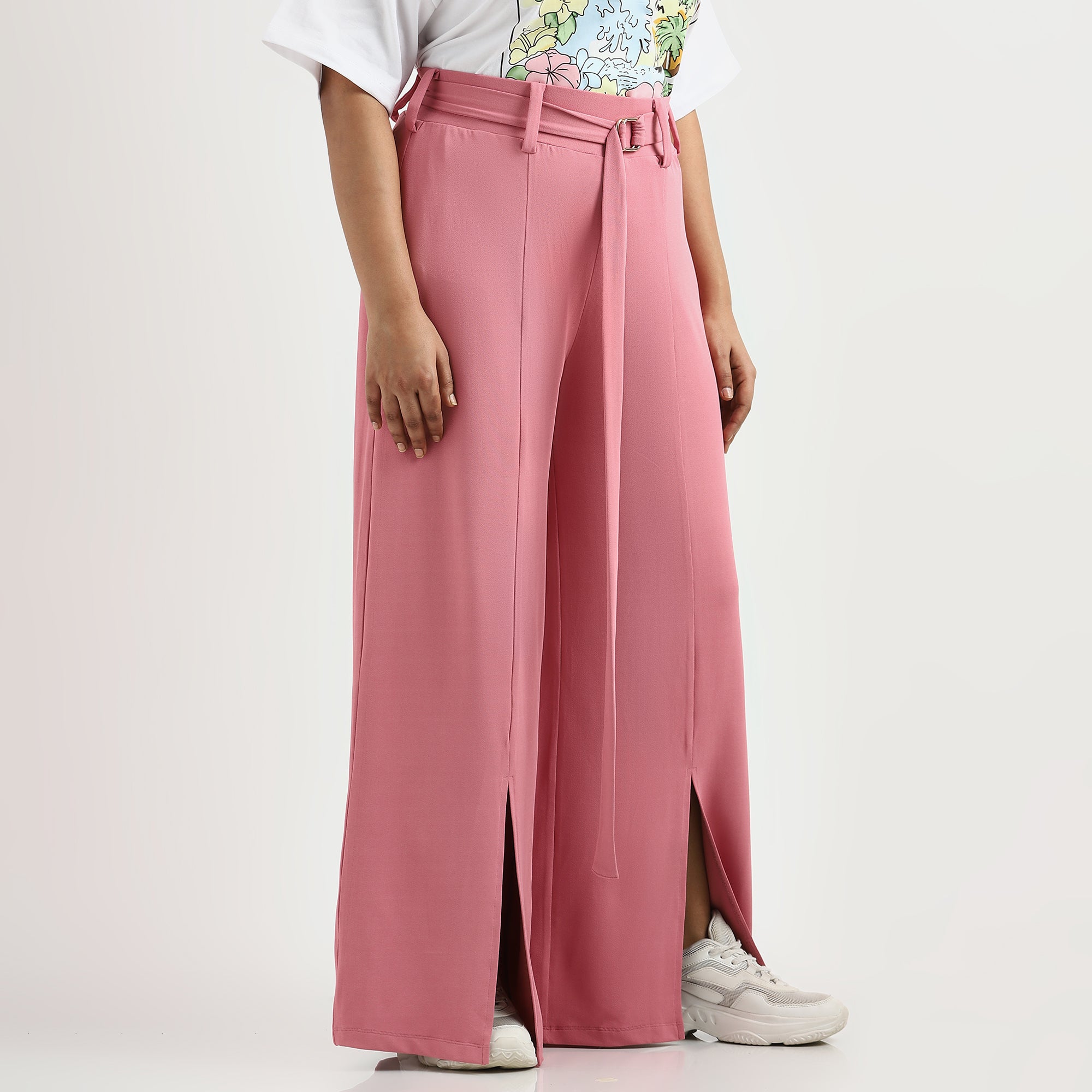 Pink Plus Size Knit Wide-Leg Pants with Belt