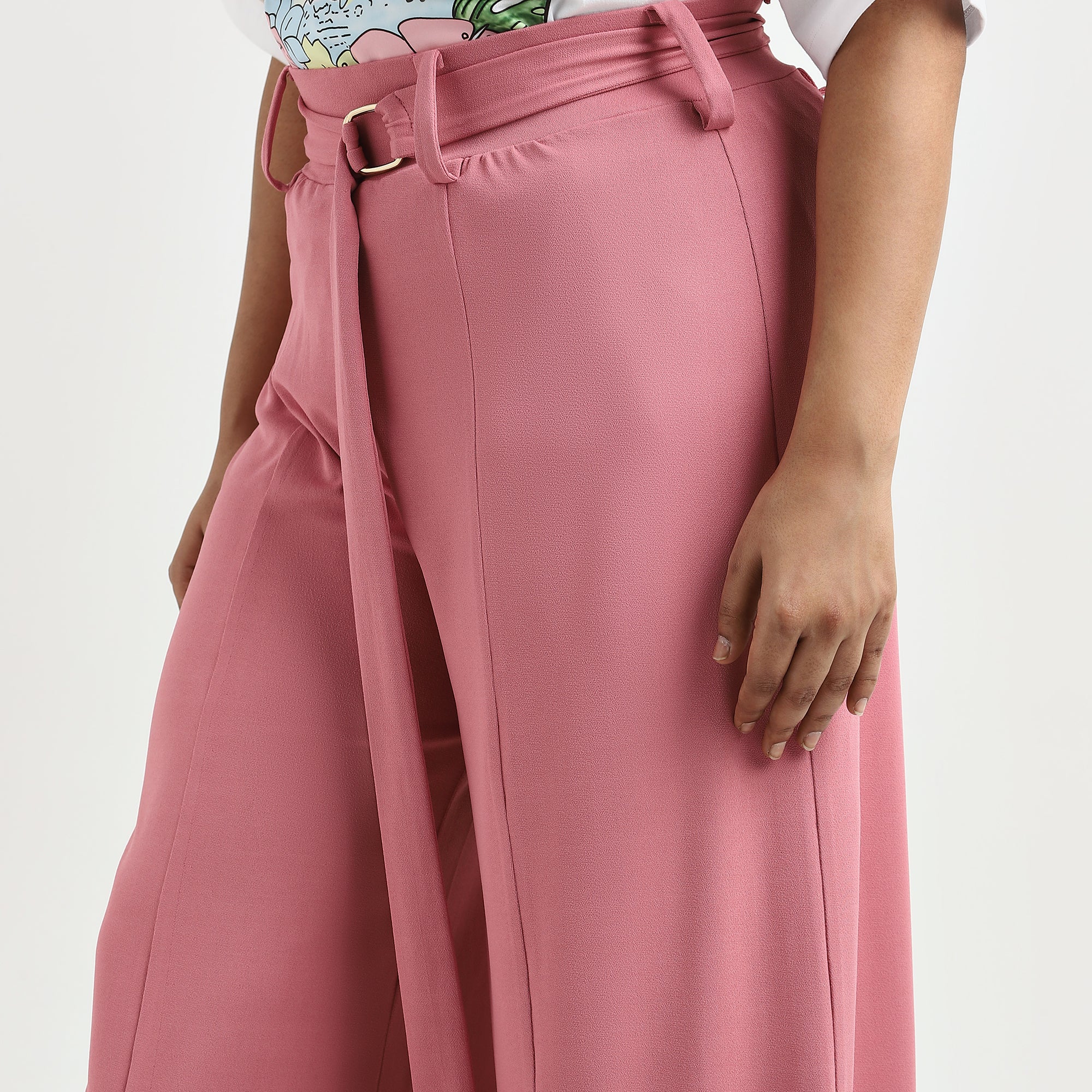 Pink Plus Size Knit Wide-Leg Pants with Belt