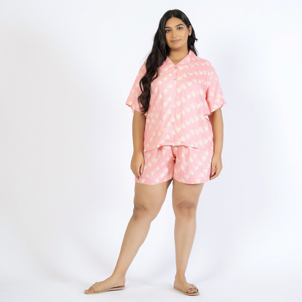 Pink Heart Print Plus Size Rayon Short Set Product Image 1