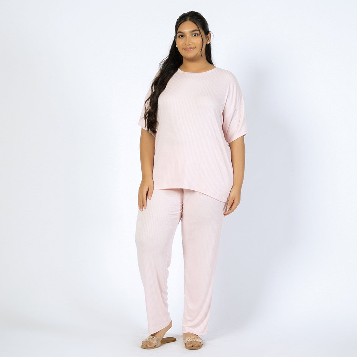 Pink Viscose Jersey Rib Knit Plus Size PJ Set Product Image 1