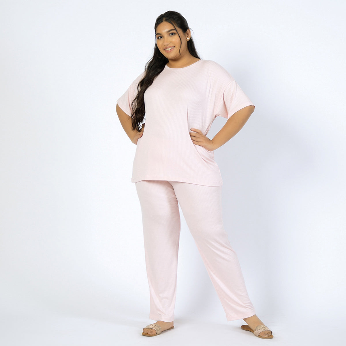 Pink Viscose Jersey Rib Knit Plus Size PJ Set Product Image 2