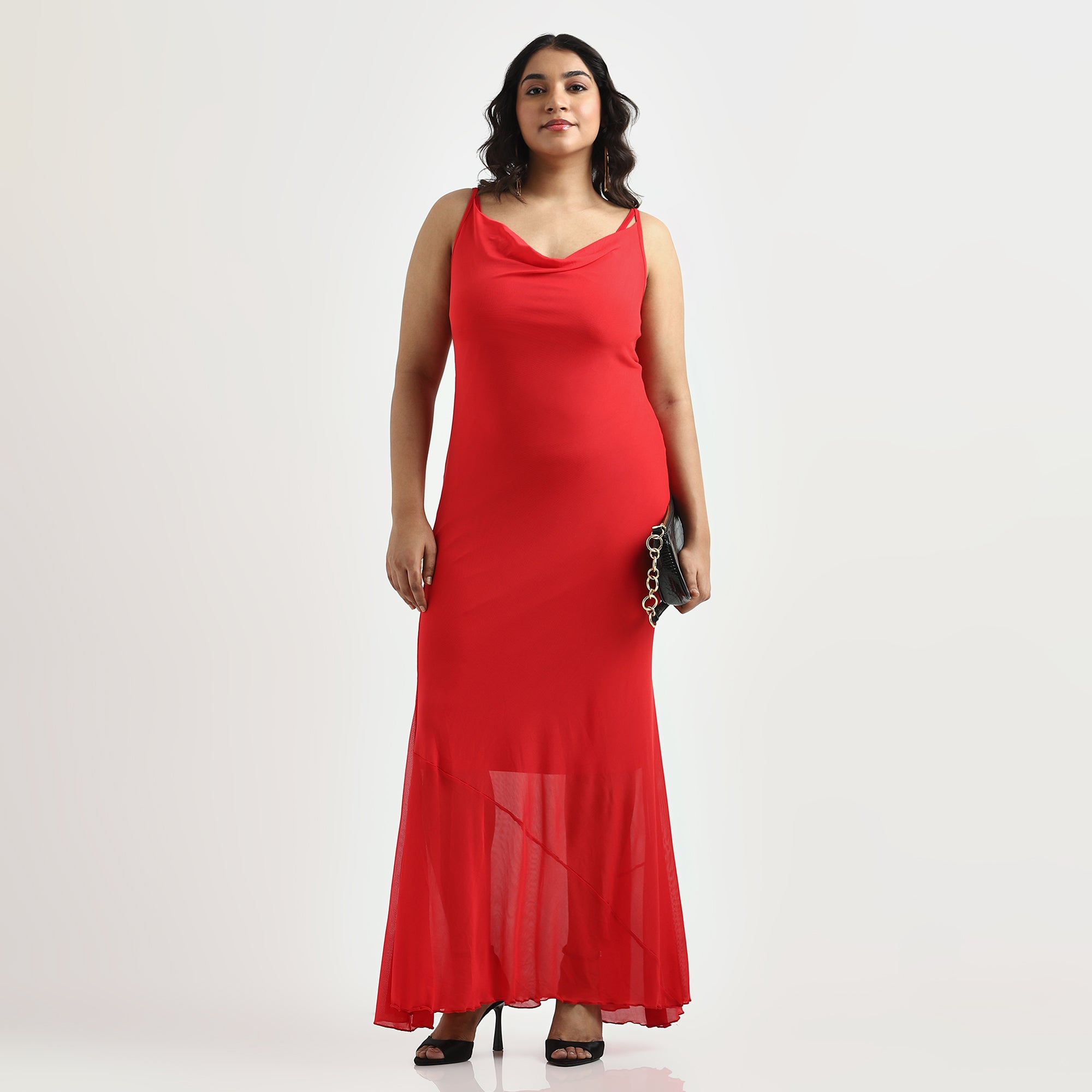 Red Cowl Neck Plus Size Bodycon Mesh Dress