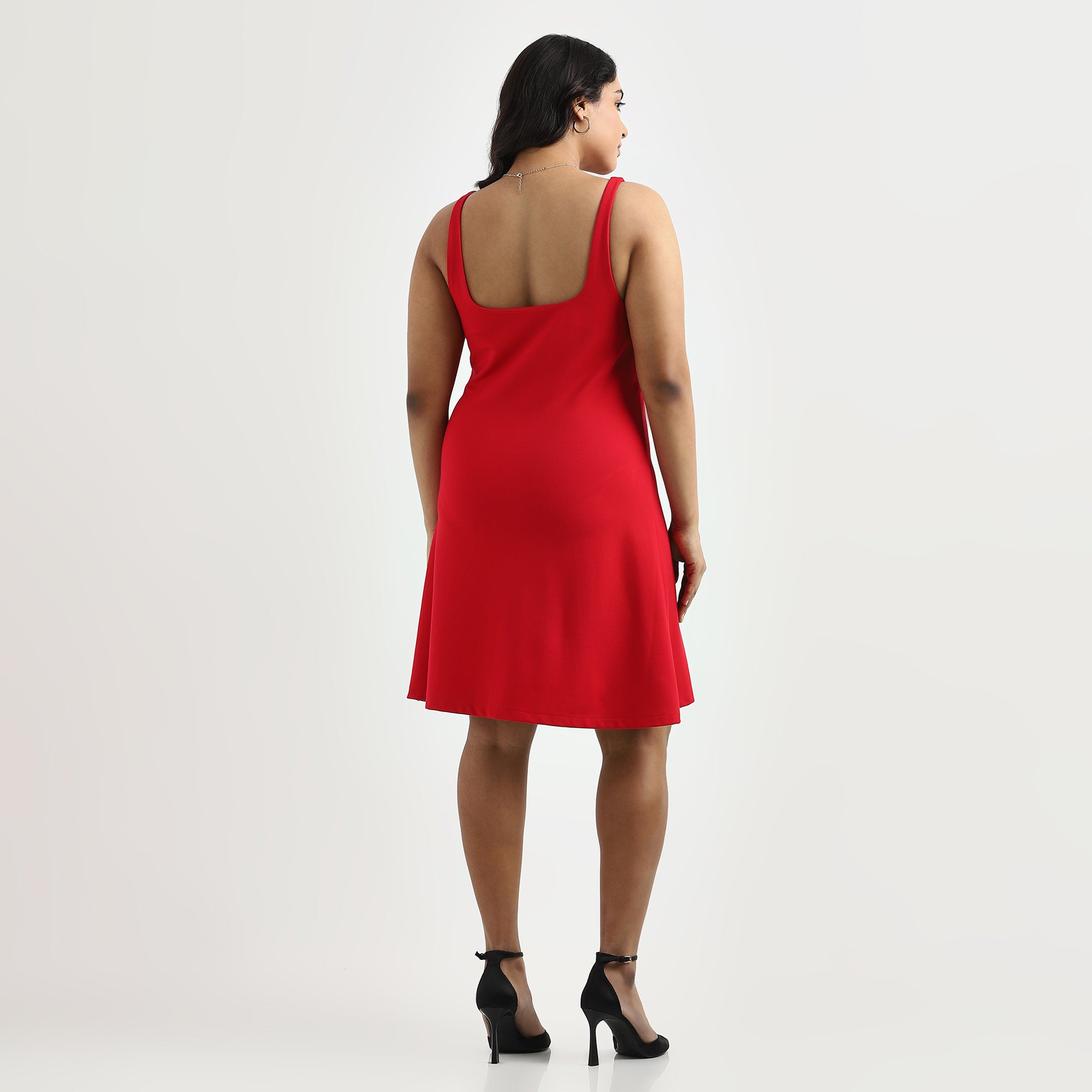 Red Plus Size Square Neck 4-Way Stretch Skater Dress