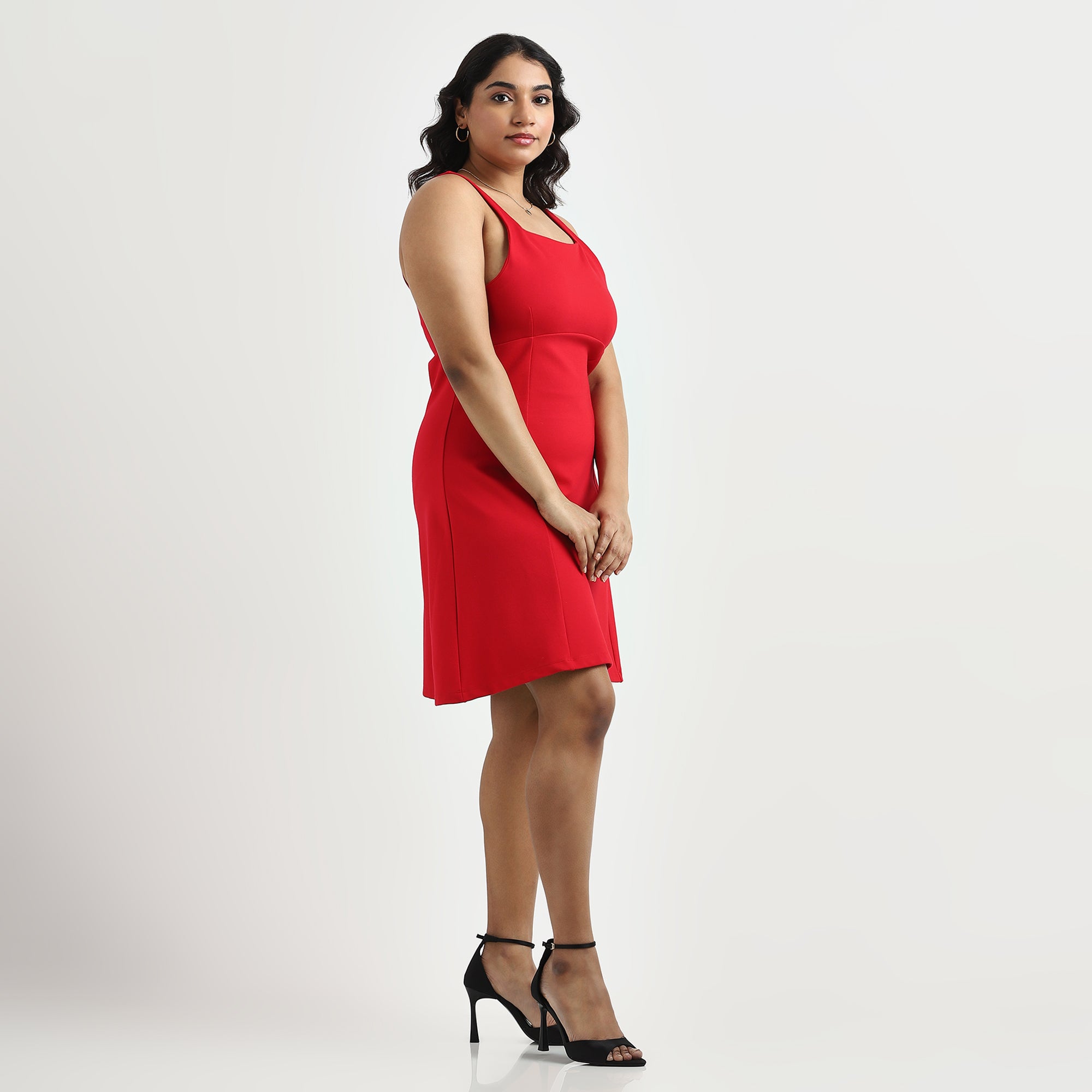 Red Plus Size Square Neck 4-Way Stretch Skater Dress