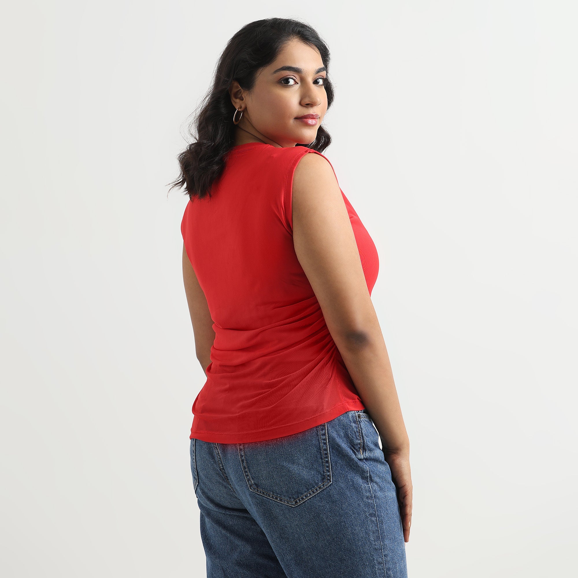 Red Ruched Sleeveless Plus Size Mesh Top