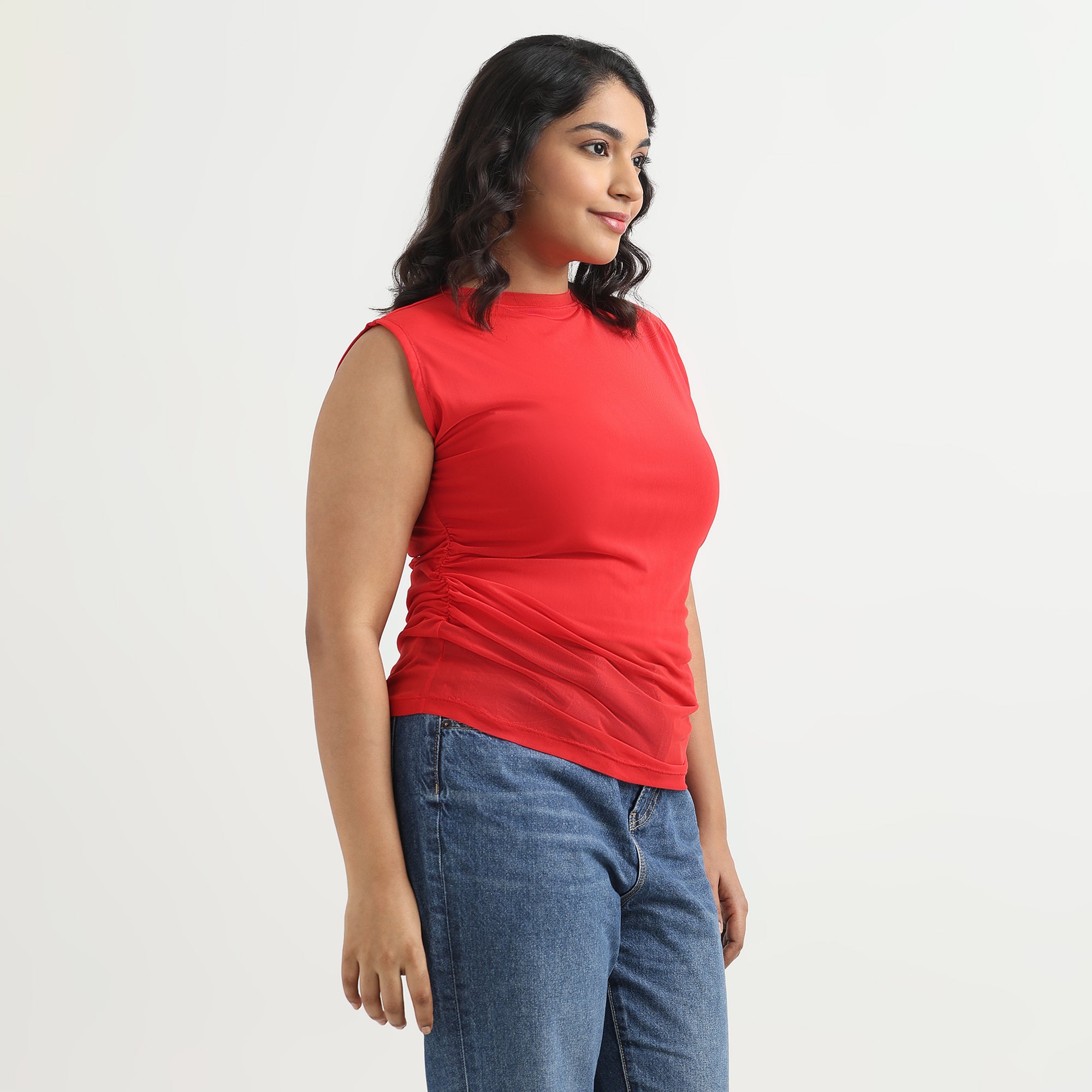 Red Ruched Sleeveless Plus Size Mesh Top