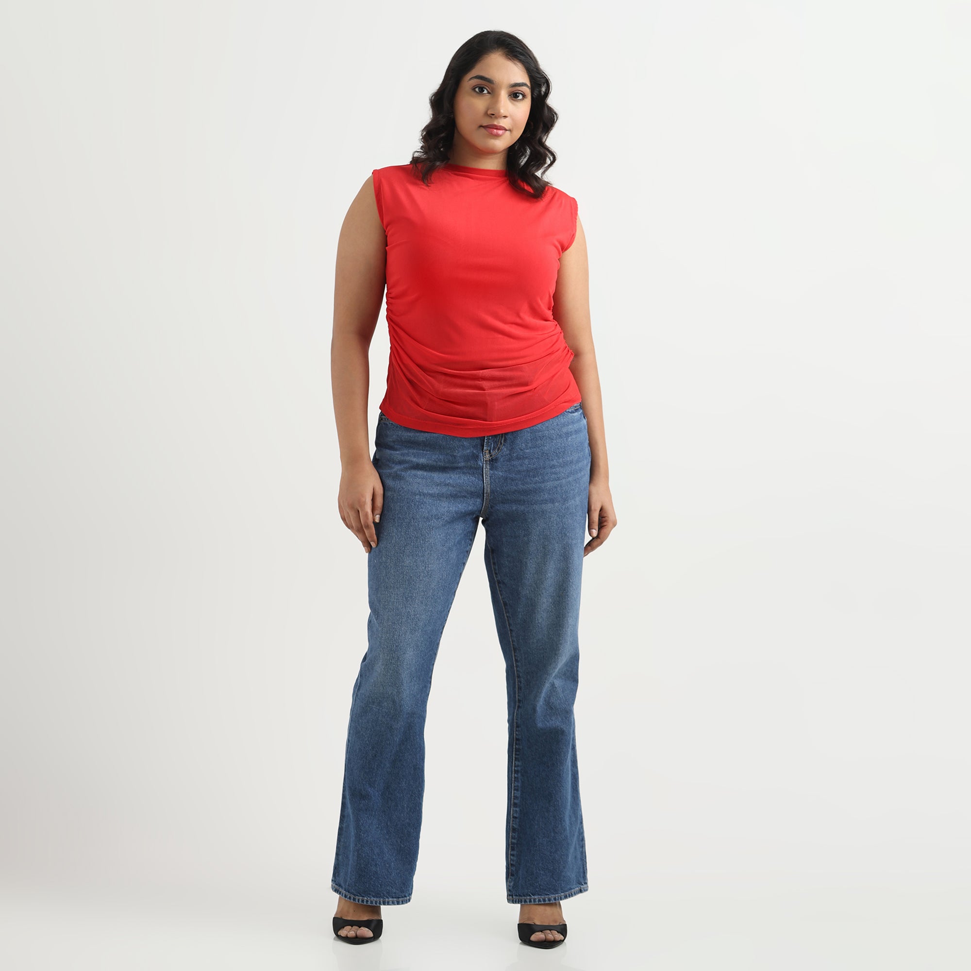 Red Ruched Sleeveless Plus Size Mesh Top