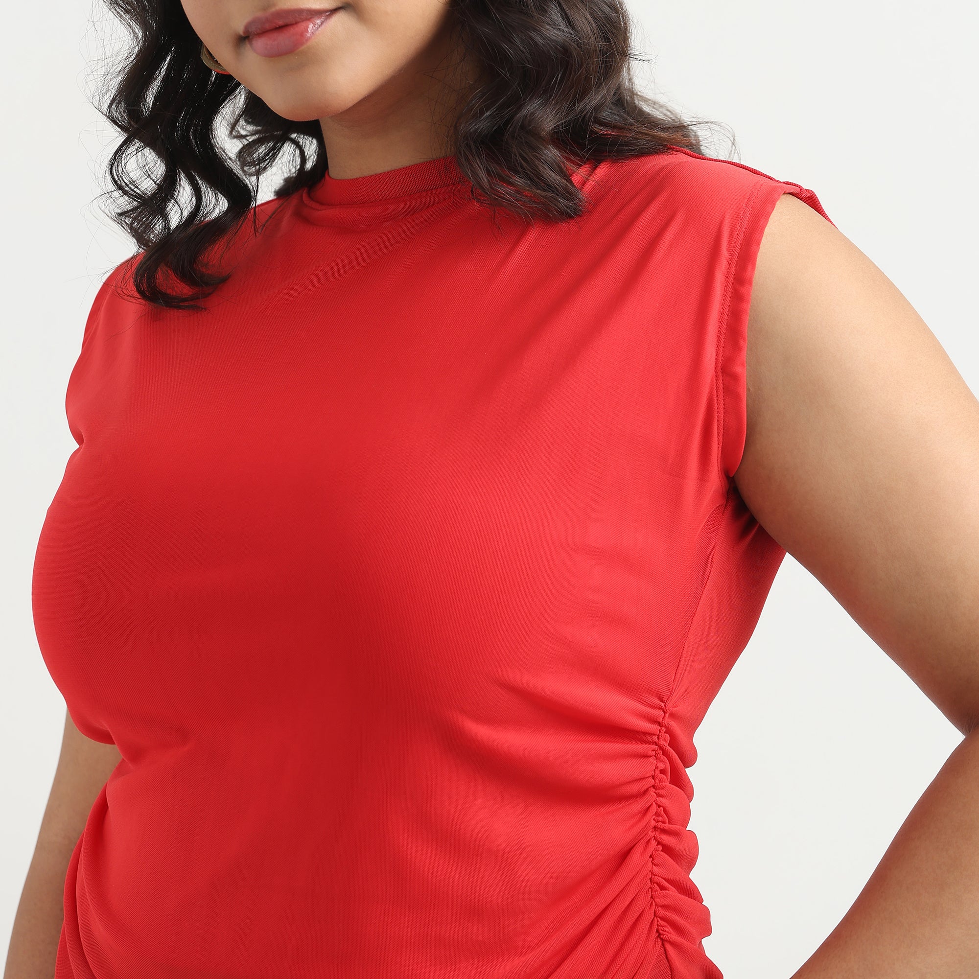 Red Ruched Sleeveless Plus Size Mesh Top