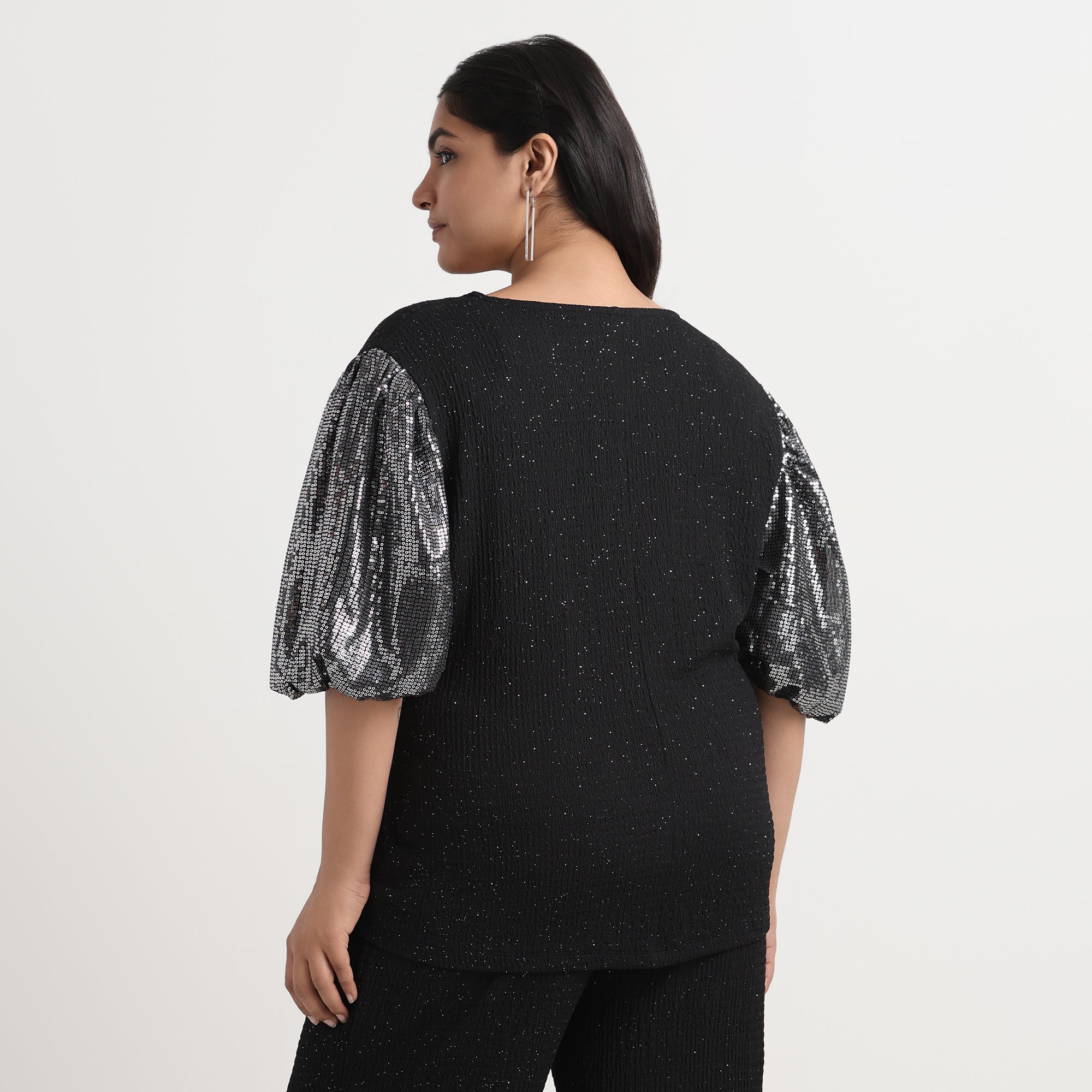 Black Textured Foil Knit Sequin Sleeves Plus Size Top