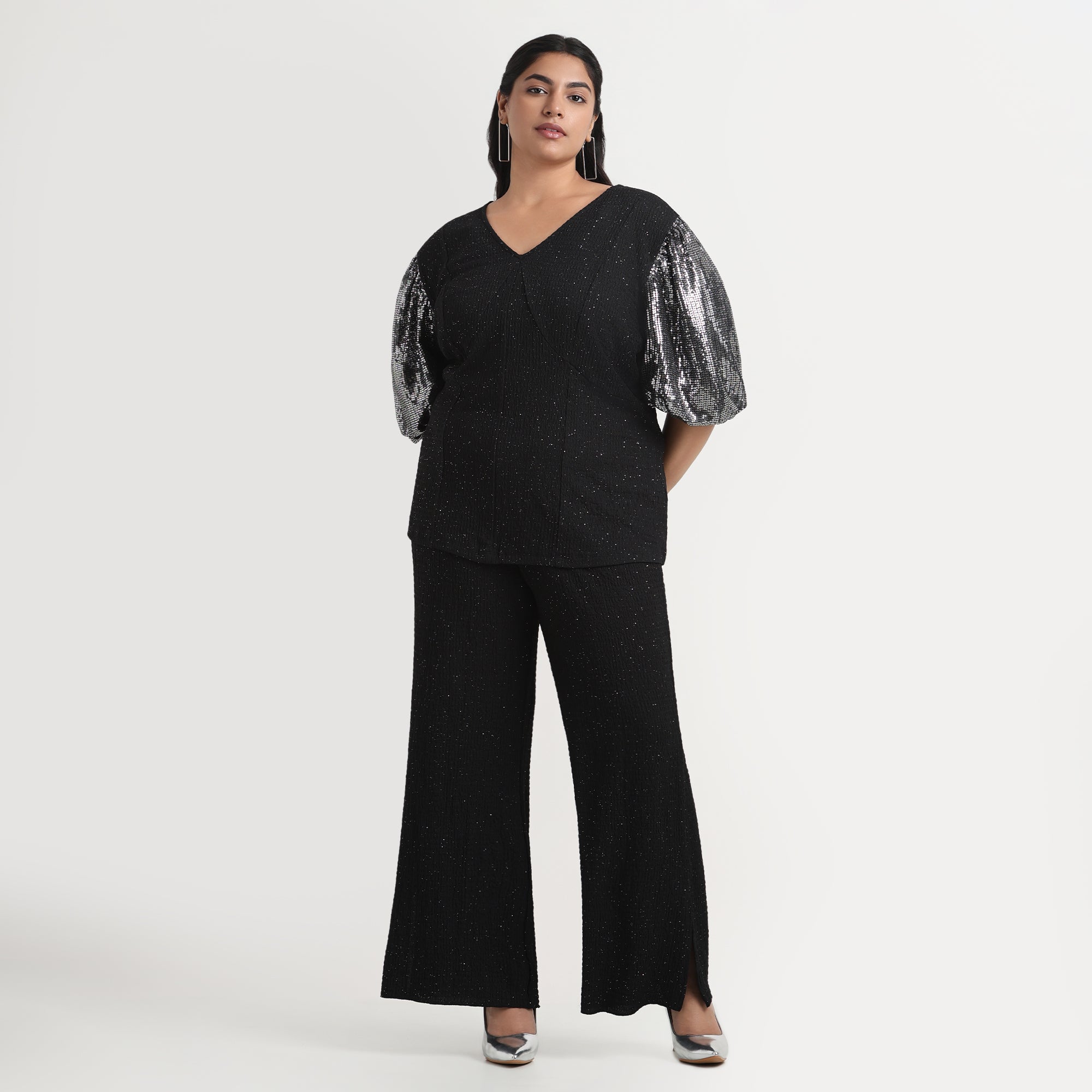 Black Textured Foil Knit Sequin Sleeves Plus Size Top