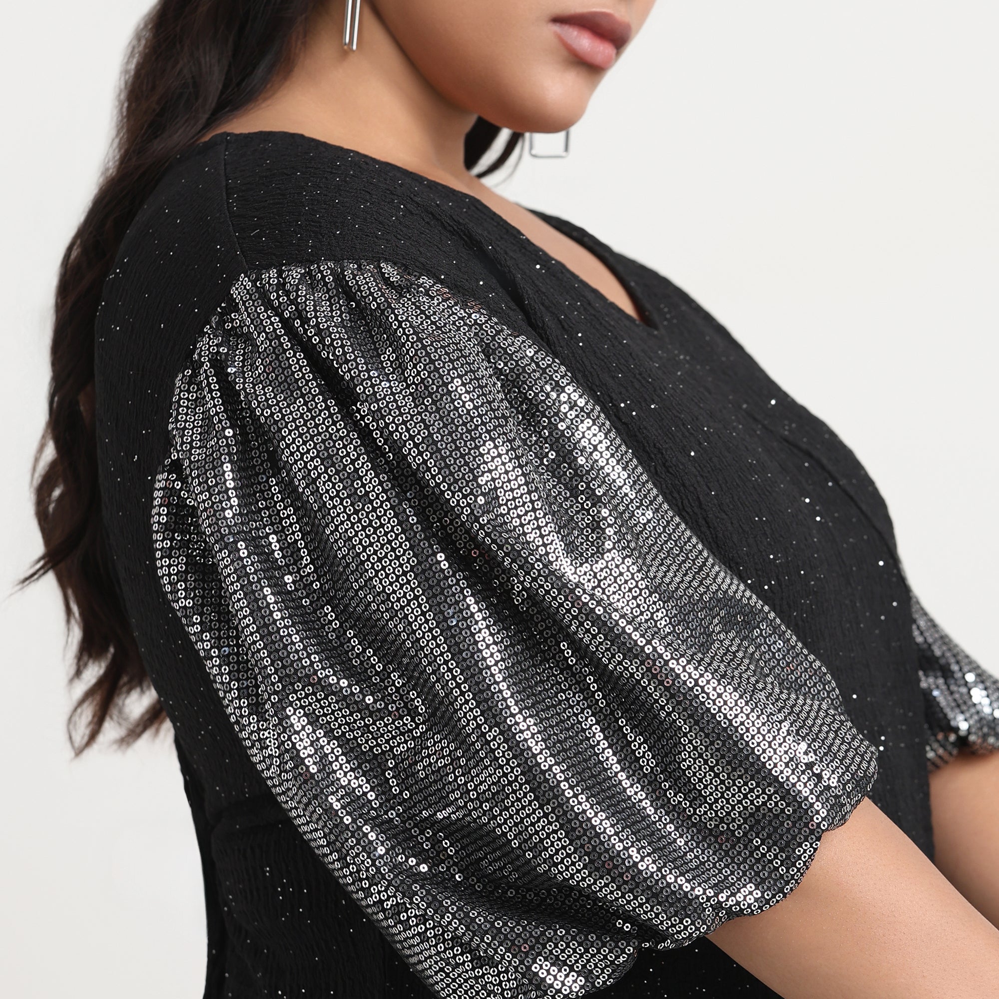 Black Textured Foil Knit Sequin Sleeves Plus Size Top