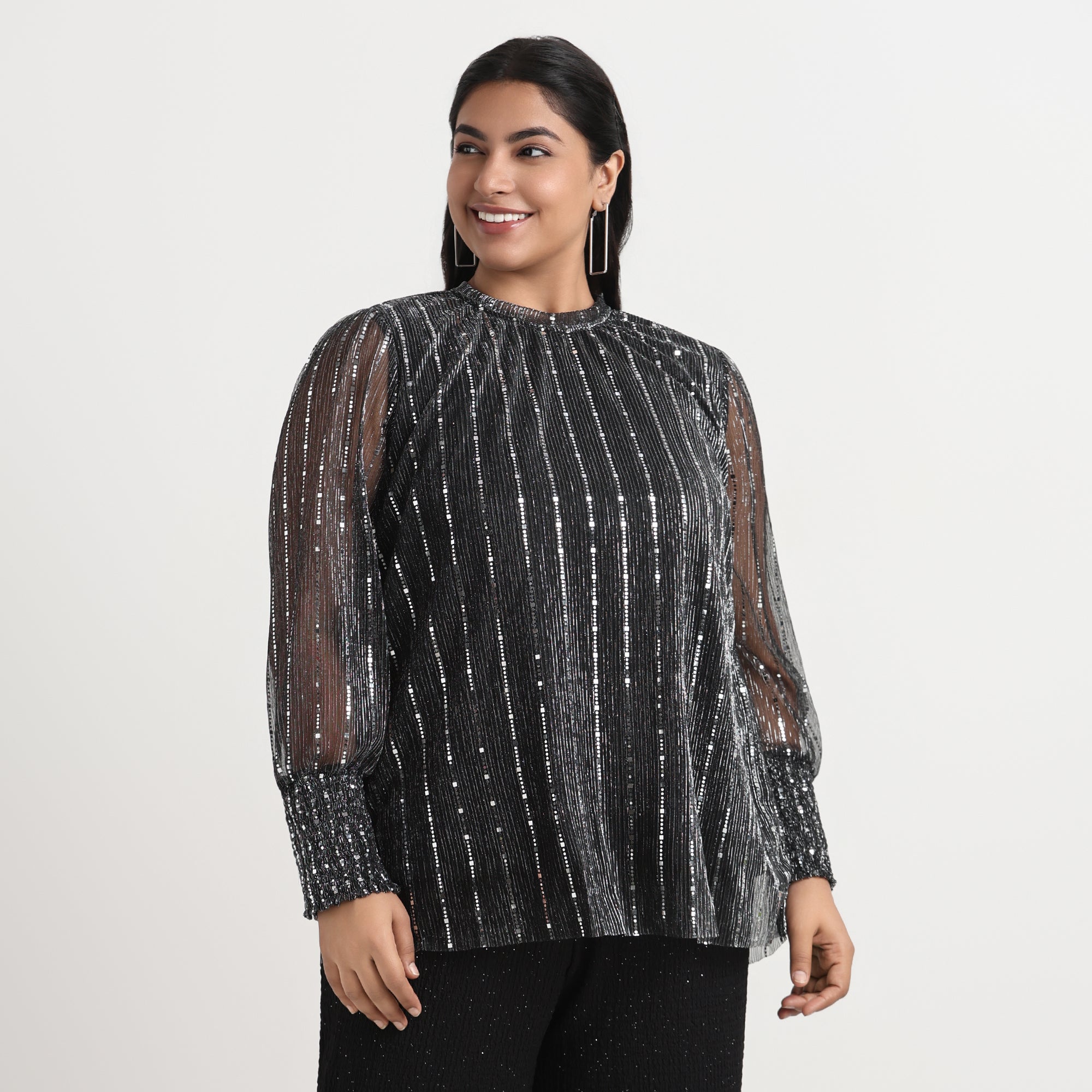 Silver pleated top with metallic shine, plus size party wear
