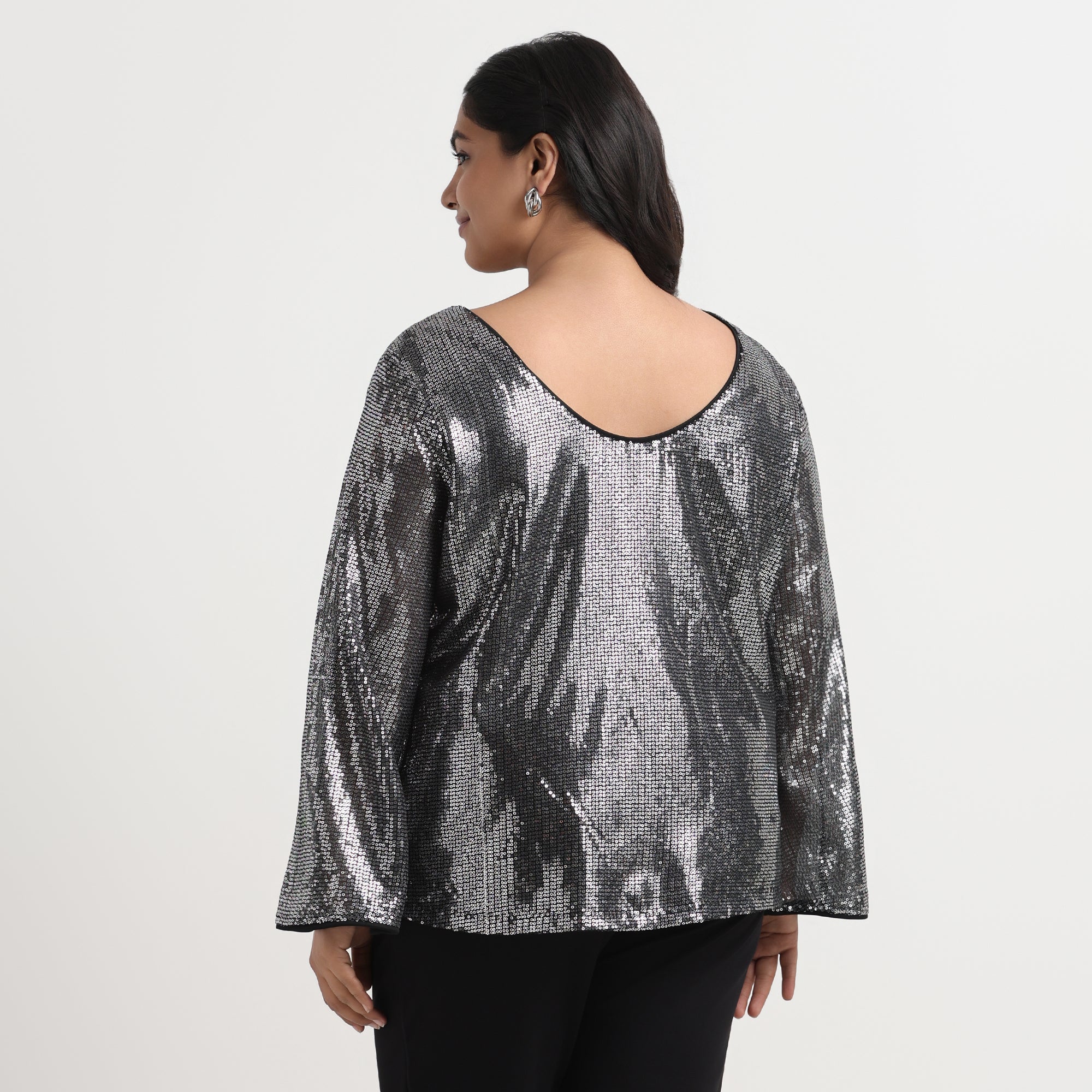 Shimmering silver sequins top back, plus size
