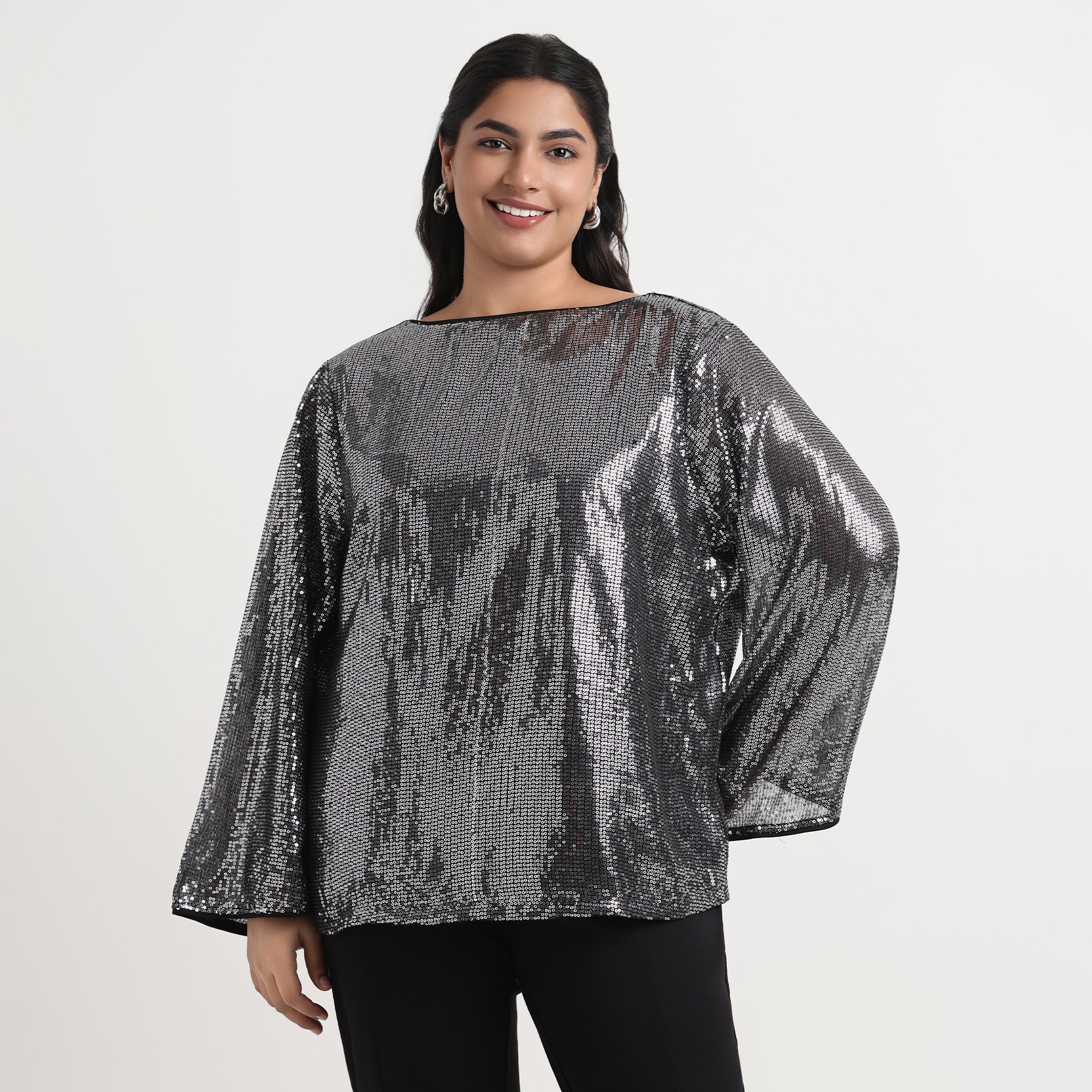 Silver sequins top, sparkling plus size party wear
