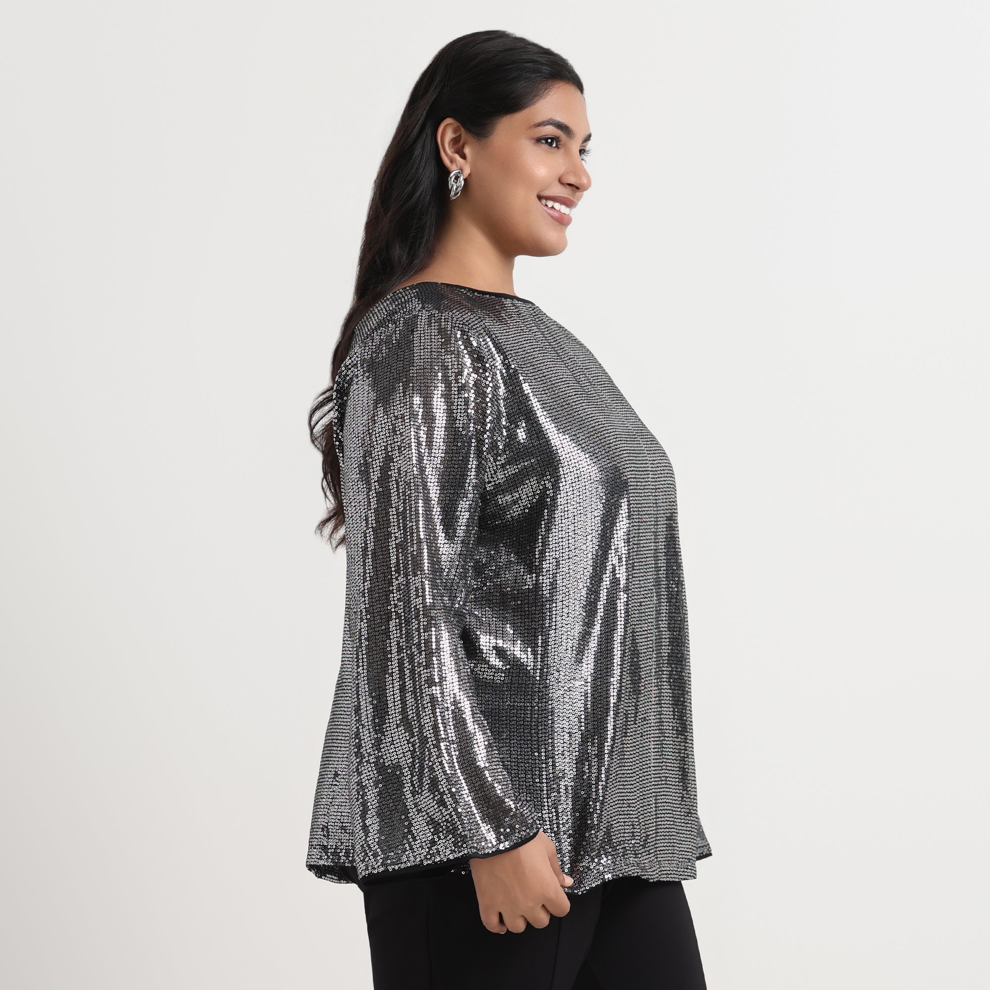 Silver sequins top with shimmer, plus size party wear
