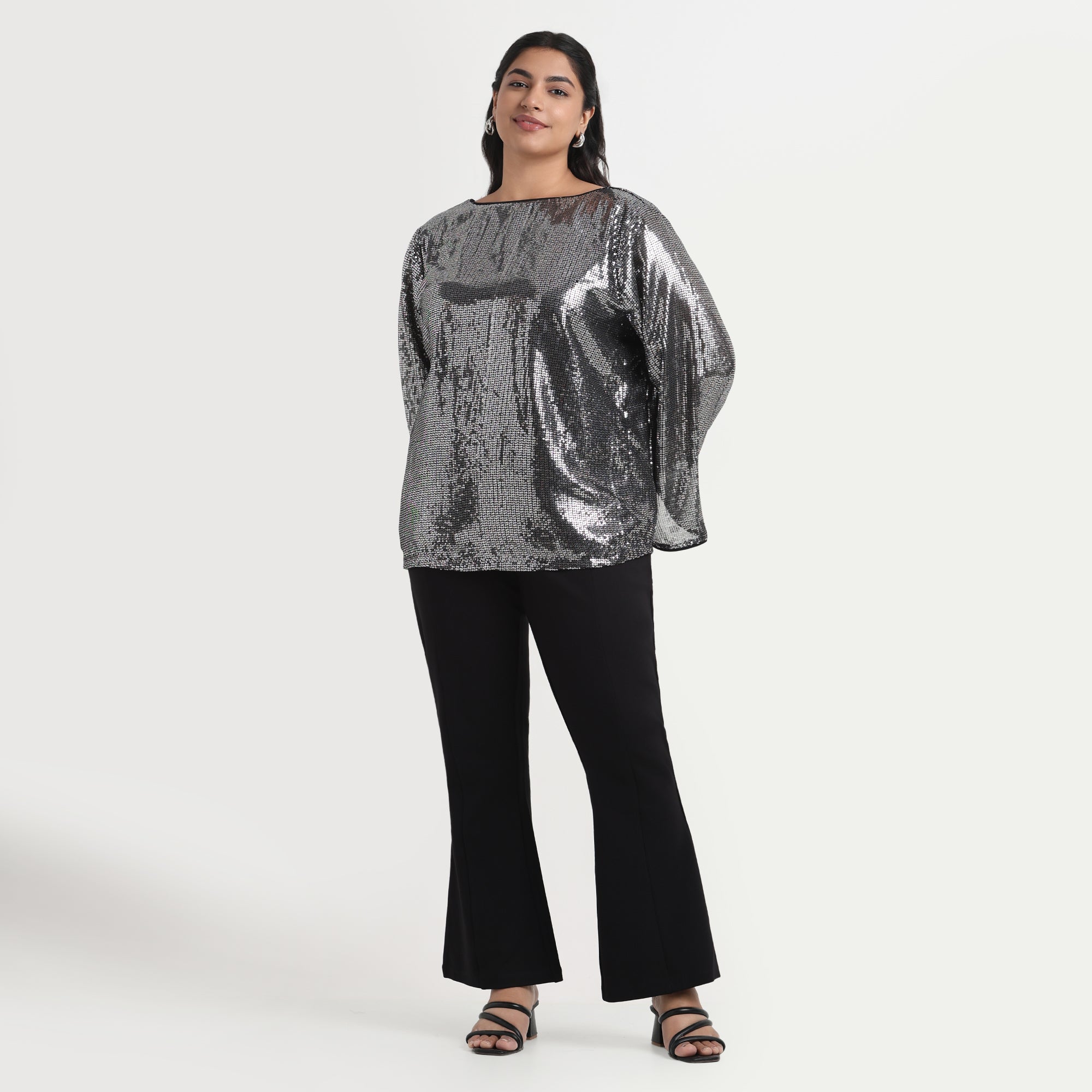 Shimmering silver sequin top, plus size occasion wear
