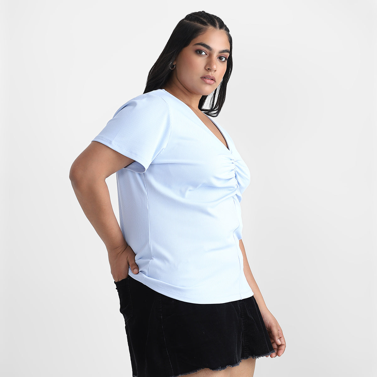 Blue Rushed Plus Size Rib Top