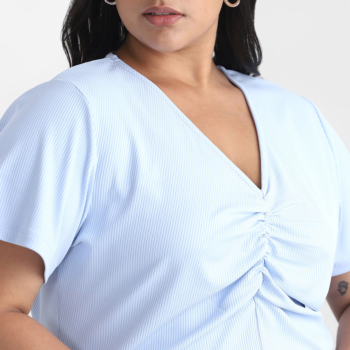 Blue Rushed Plus Size Rib Top